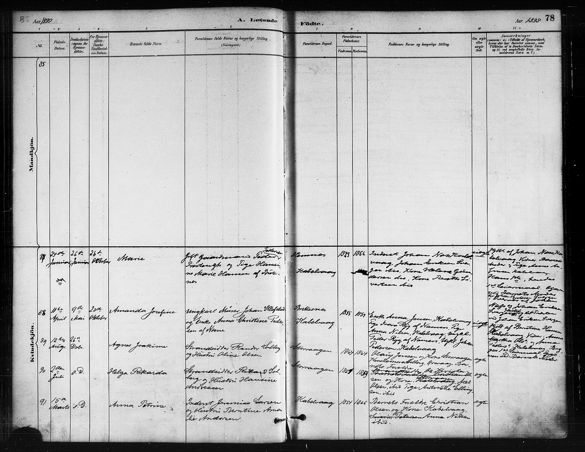 Ministerialprotokoller, klokkerbøker og fødselsregistre - Nordland, AV/SAT-A-1459/874/L1059: Ministerialbok nr. 874A03, 1884-1890, s. 78