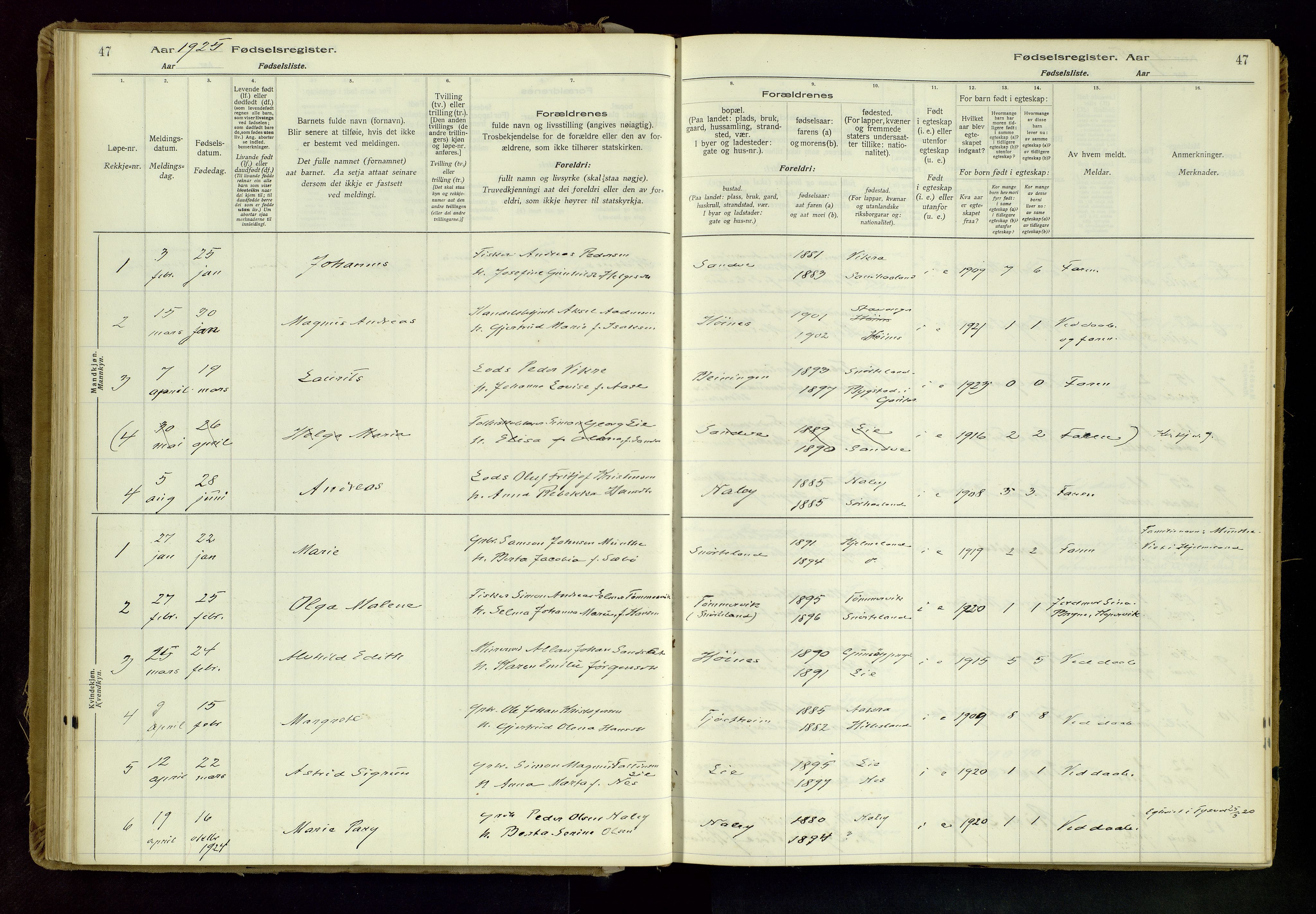 Skudenes sokneprestkontor, SAST/A -101849/I/Id/L0001: Fødselsregister nr. 1, 1916-1964, s. 47