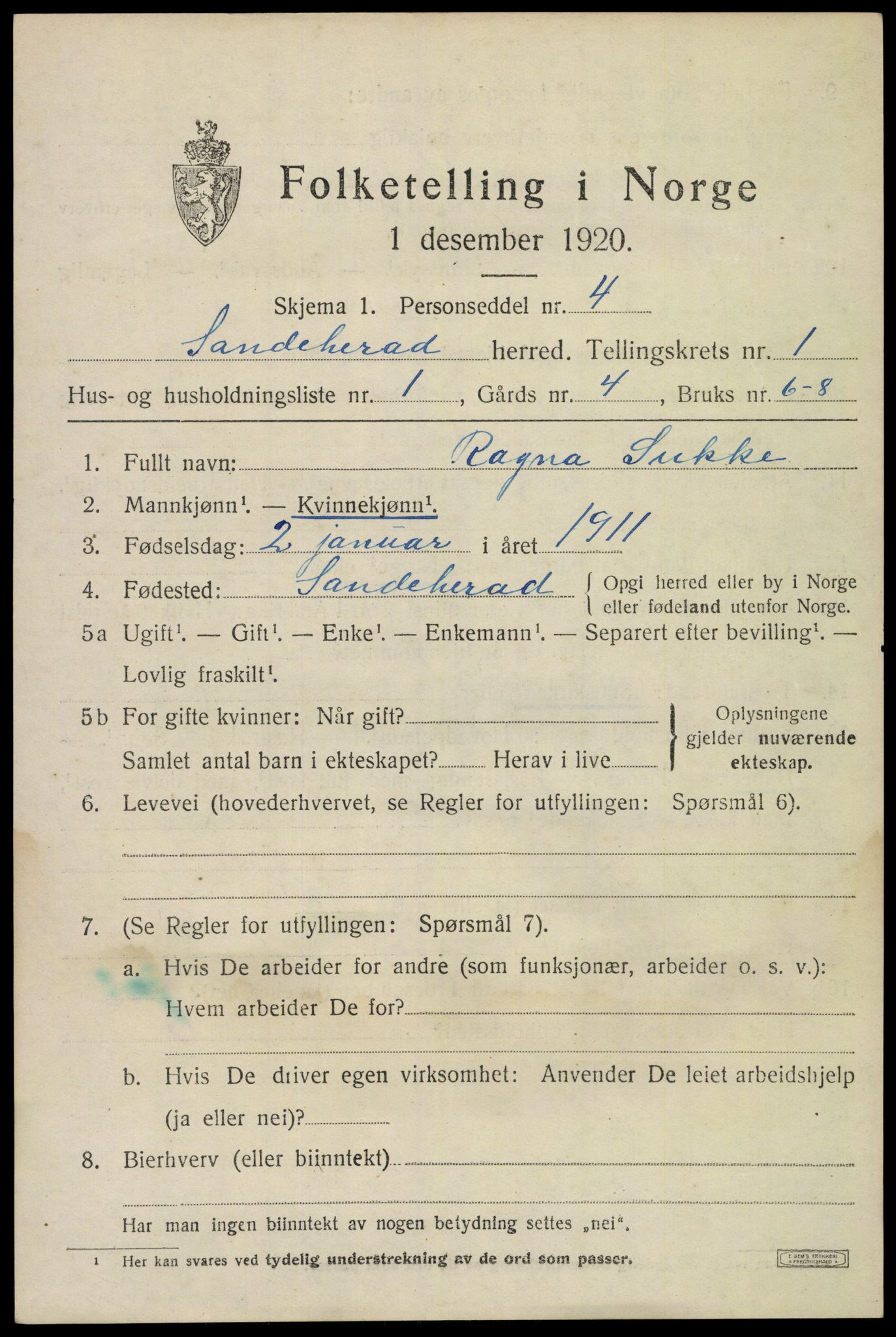 SAKO, Folketelling 1920 for 0724 Sandeherred herred, 1920, s. 3758