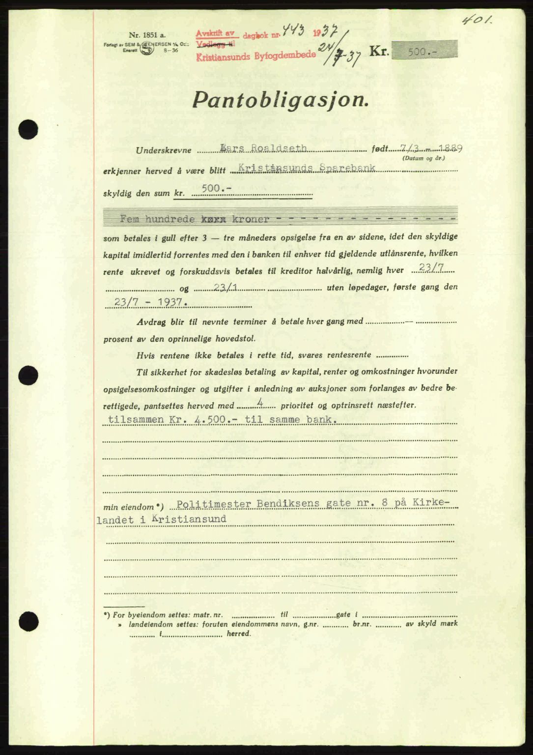 Kristiansund byfogd, AV/SAT-A-4587/A/27: Pantebok nr. 29, 1936-1937, Dagboknr: 443/1937