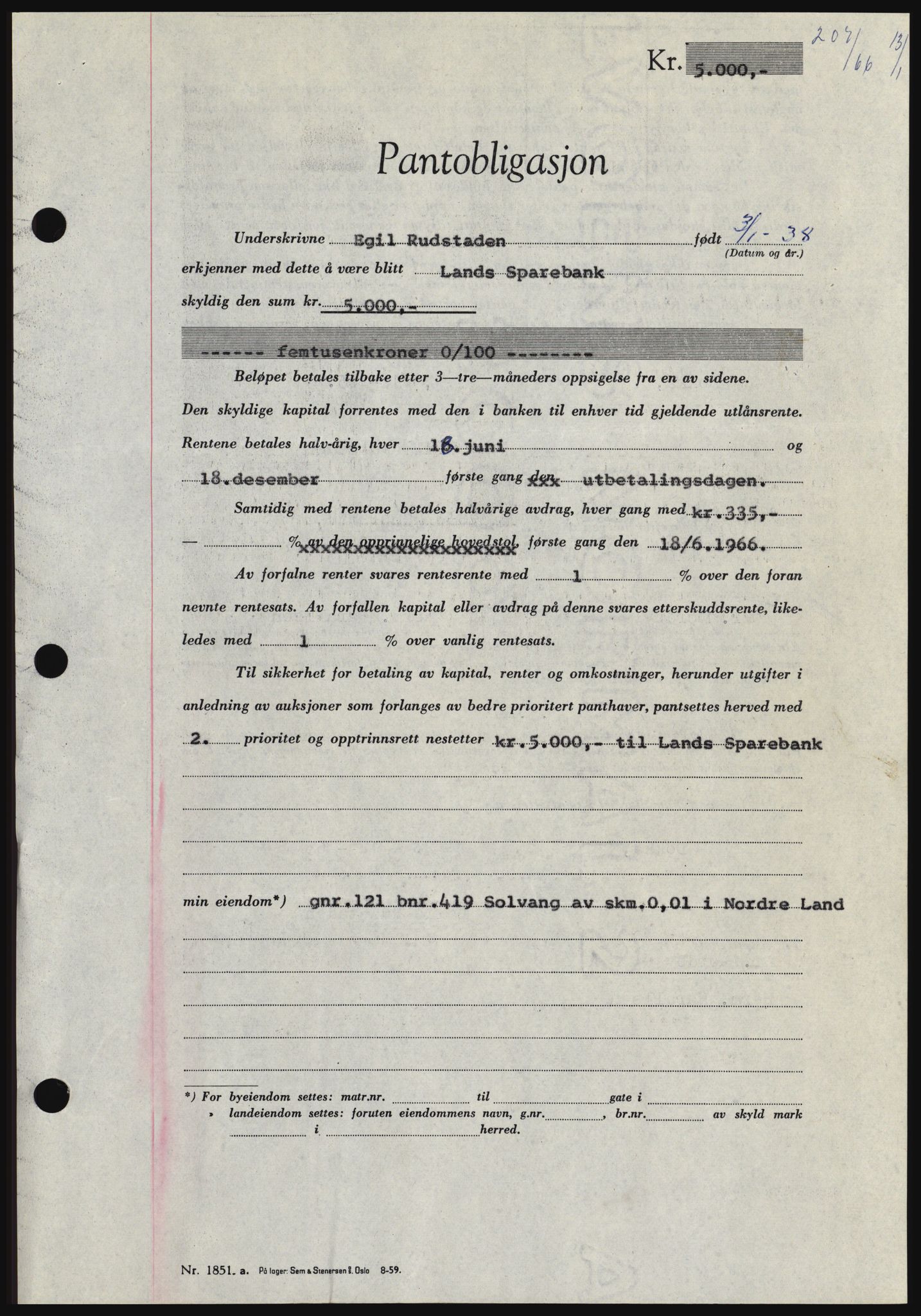 Hadeland og Land tingrett, SAH/TING-010/H/Hb/Hbc/L0061: Pantebok nr. B61, 1965-1966, Dagboknr: 207/1966