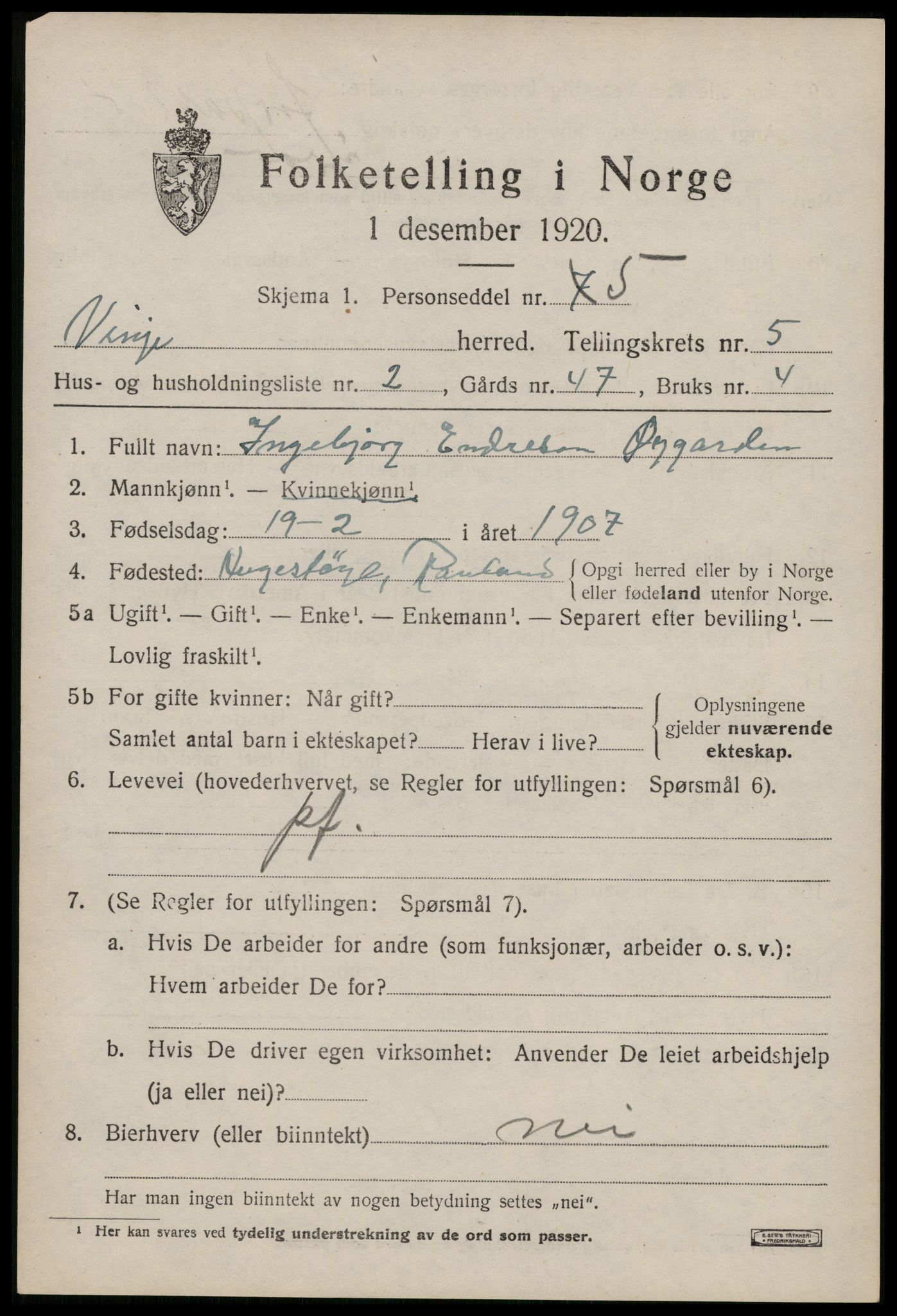 SAKO, Folketelling 1920 for 0834 Vinje herred, 1920, s. 1623