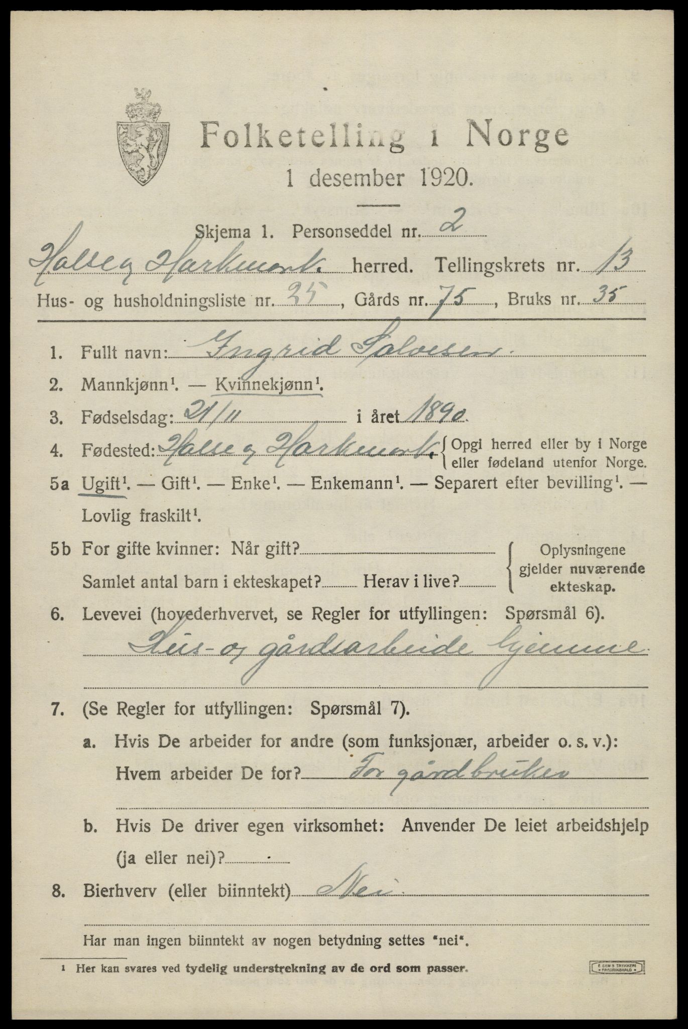 SAK, Folketelling 1920 for 1019 Halse og Harkmark herred, 1920, s. 7217