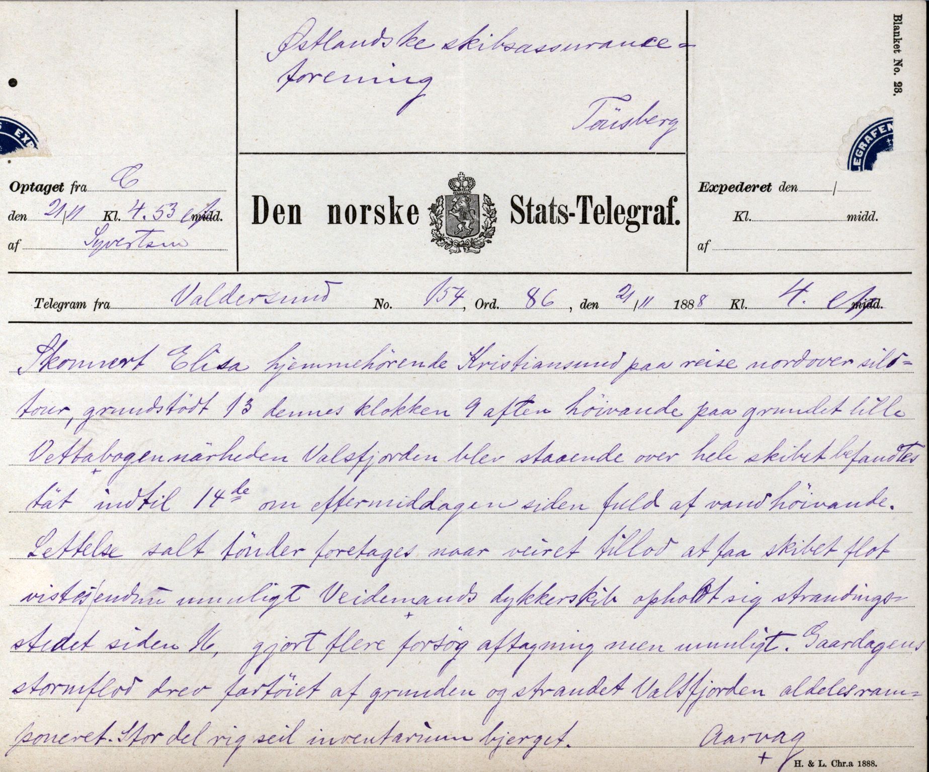 Pa 63 - Østlandske skibsassuranceforening, VEMU/A-1079/G/Ga/L0022/0004: Havaridokumenter / Try, Tre Brødre, Vidar, Elisa, Dagny, 1888, s. 90