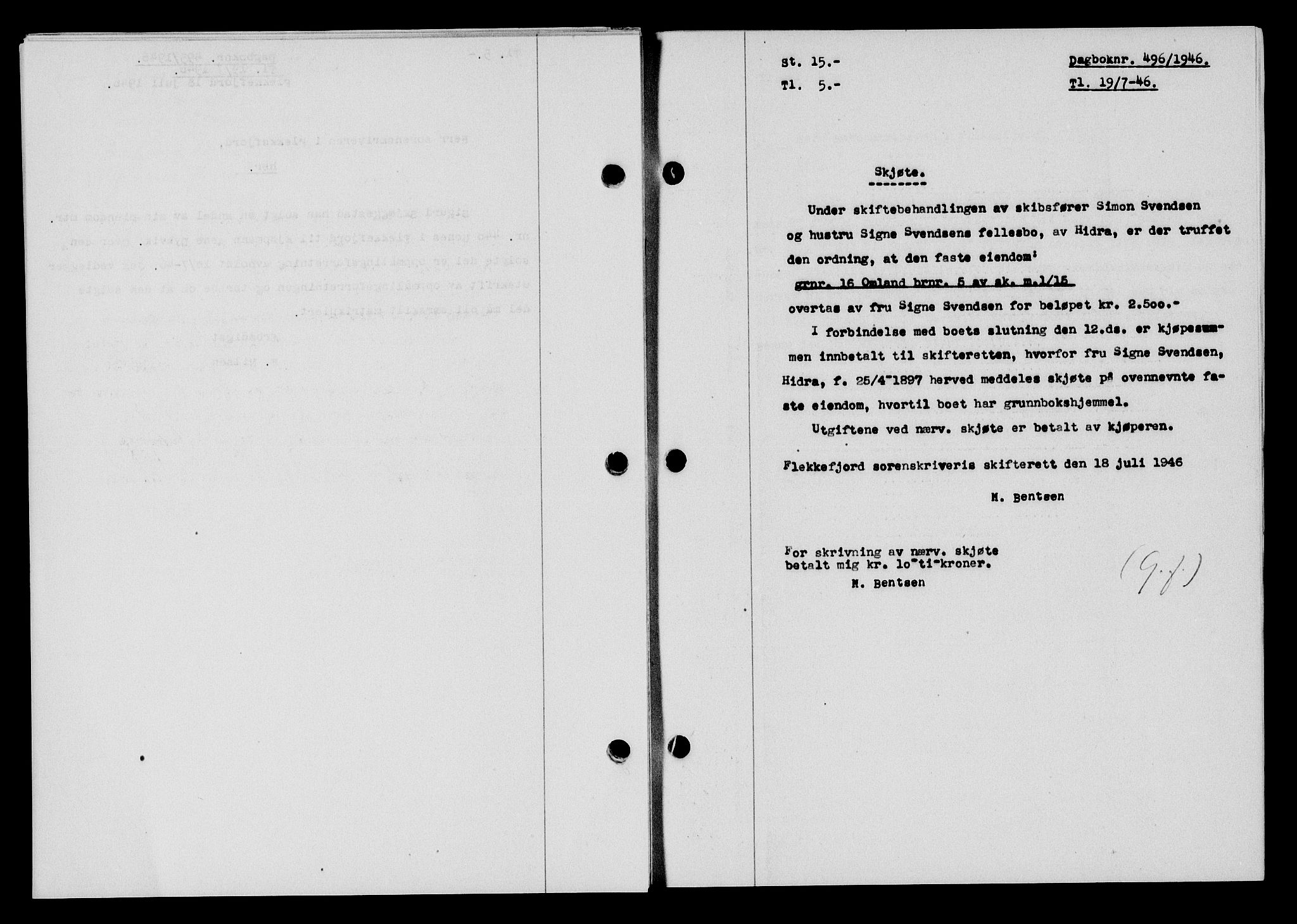 Flekkefjord sorenskriveri, SAK/1221-0001/G/Gb/Gba/L0060: Pantebok nr. A-8, 1945-1946, Dagboknr: 496/1946