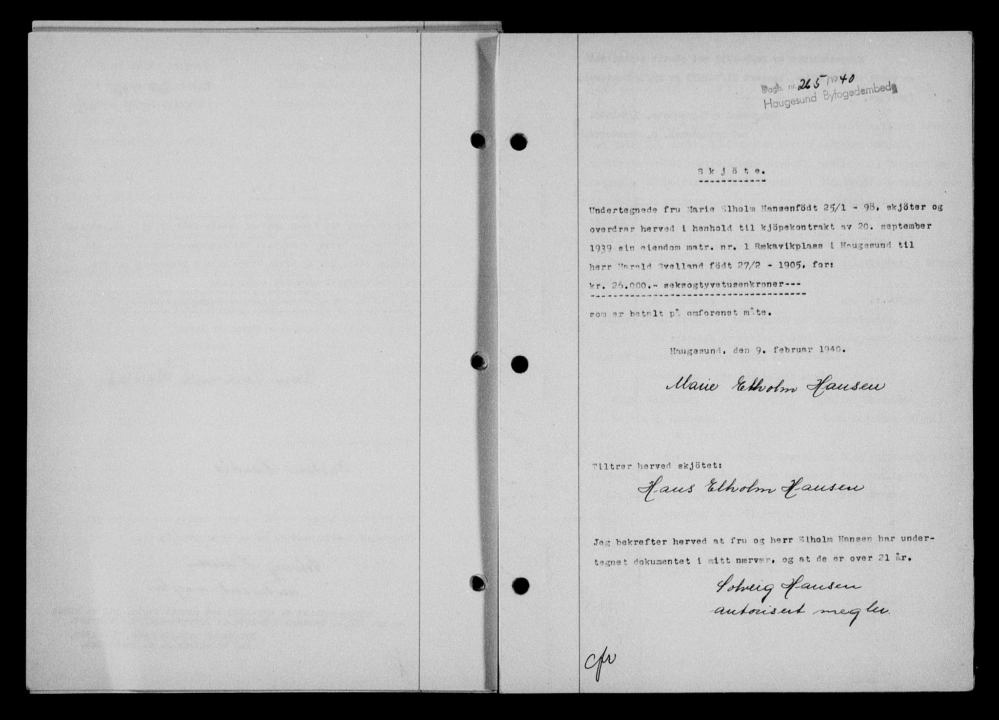 Haugesund tingrett, AV/SAST-A-101415/01/II/IIC/L0061: Pantebok nr. A 2, 1939-1942, Dagboknr: 265/1940