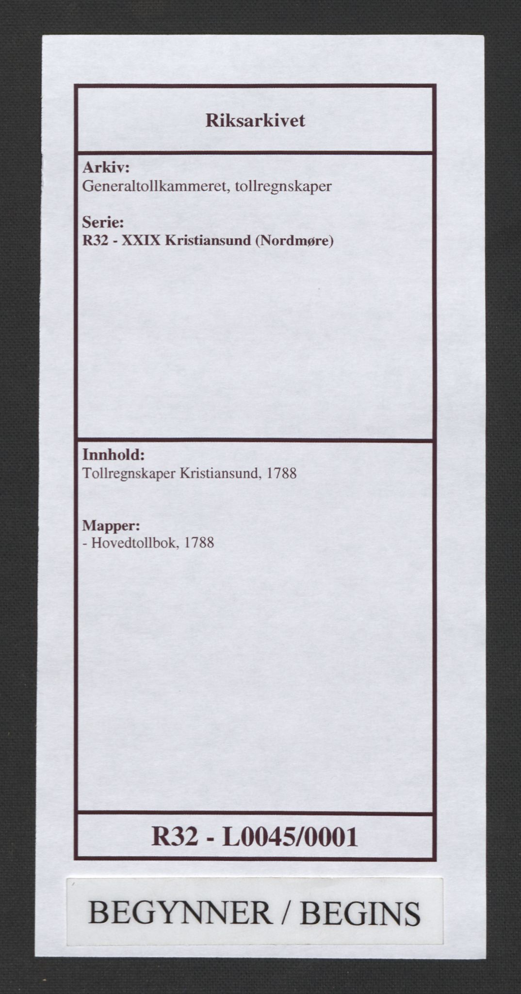 Generaltollkammeret, tollregnskaper, RA/EA-5490/R32/L0045/0001: Tollregnskaper Kristiansund / Hovedtollbok, 1788
