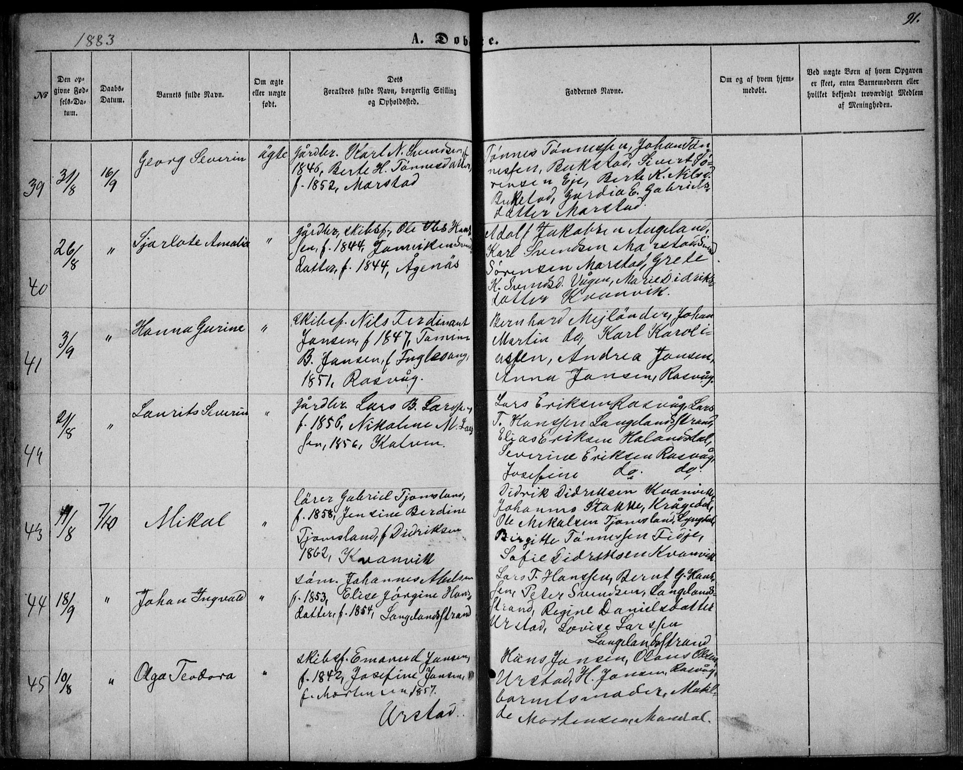 Flekkefjord sokneprestkontor, AV/SAK-1111-0012/F/Fb/Fbb/L0003: Klokkerbok nr. B 3, 1867-1889, s. 91