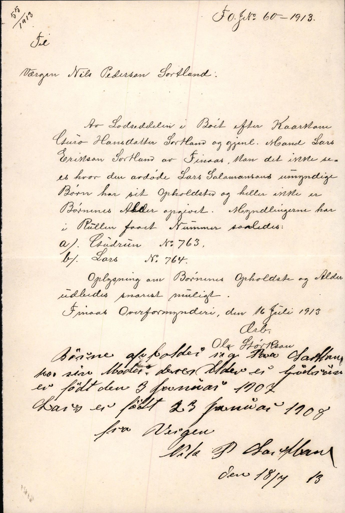 Finnaas kommune. Overformynderiet, IKAH/1218a-812/D/Da/Daa/L0002/0004: Kronologisk ordna korrespondanse / Kronologisk ordna korrespondanse, 1910-1913, s. 172