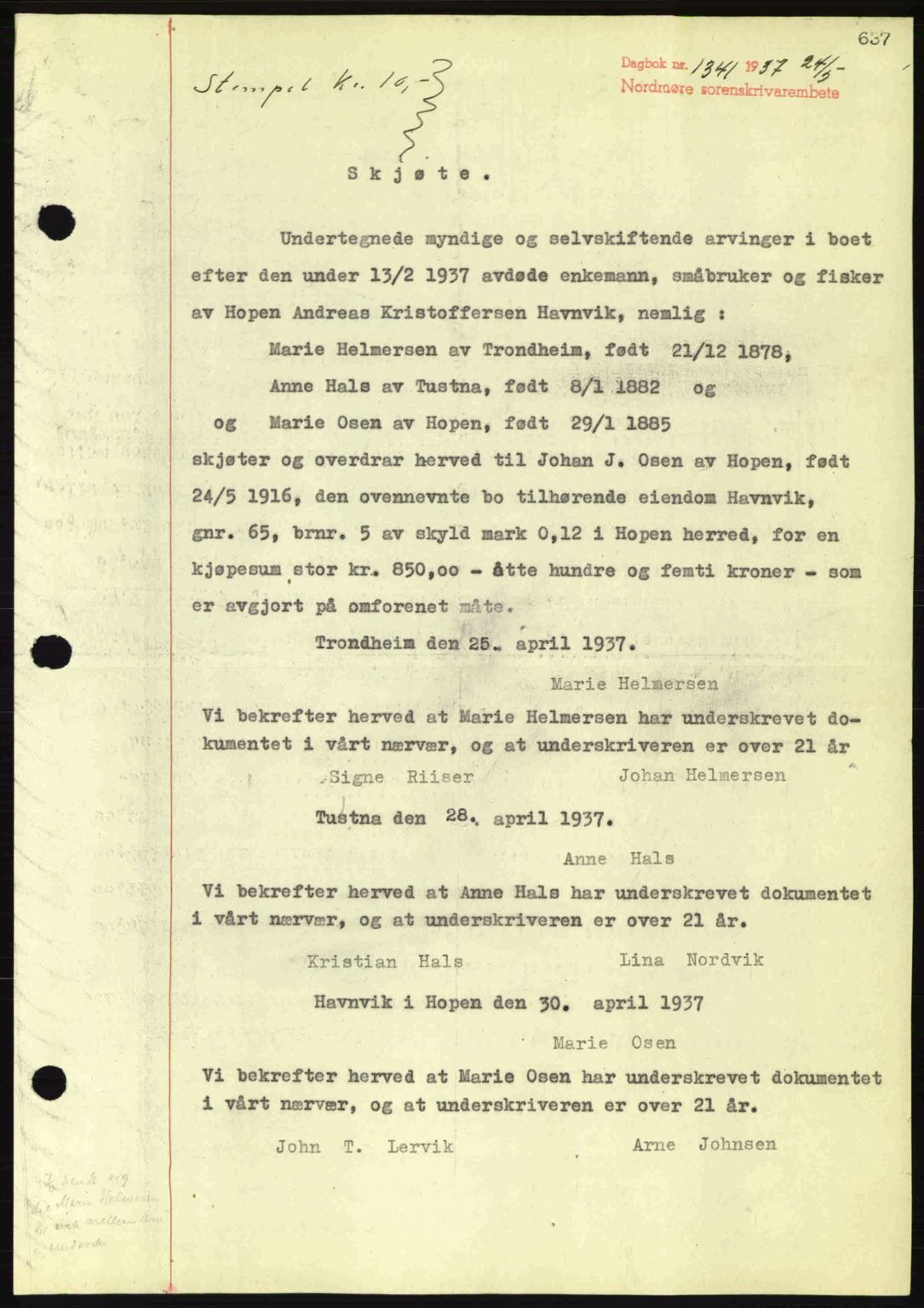 Nordmøre sorenskriveri, SAT/A-4132/1/2/2Ca: Pantebok nr. A81, 1937-1937, Dagboknr: 1341/1937