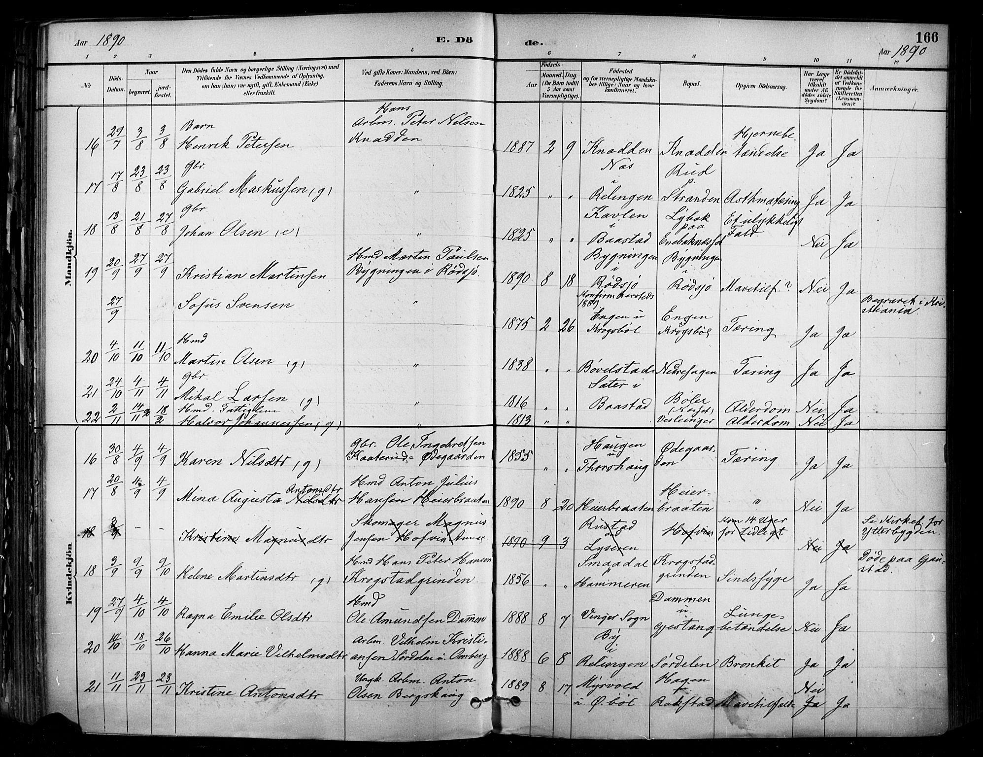 Enebakk prestekontor Kirkebøker, AV/SAO-A-10171c/F/Fa/L0016: Ministerialbok nr. I 16, 1883-1898, s. 166