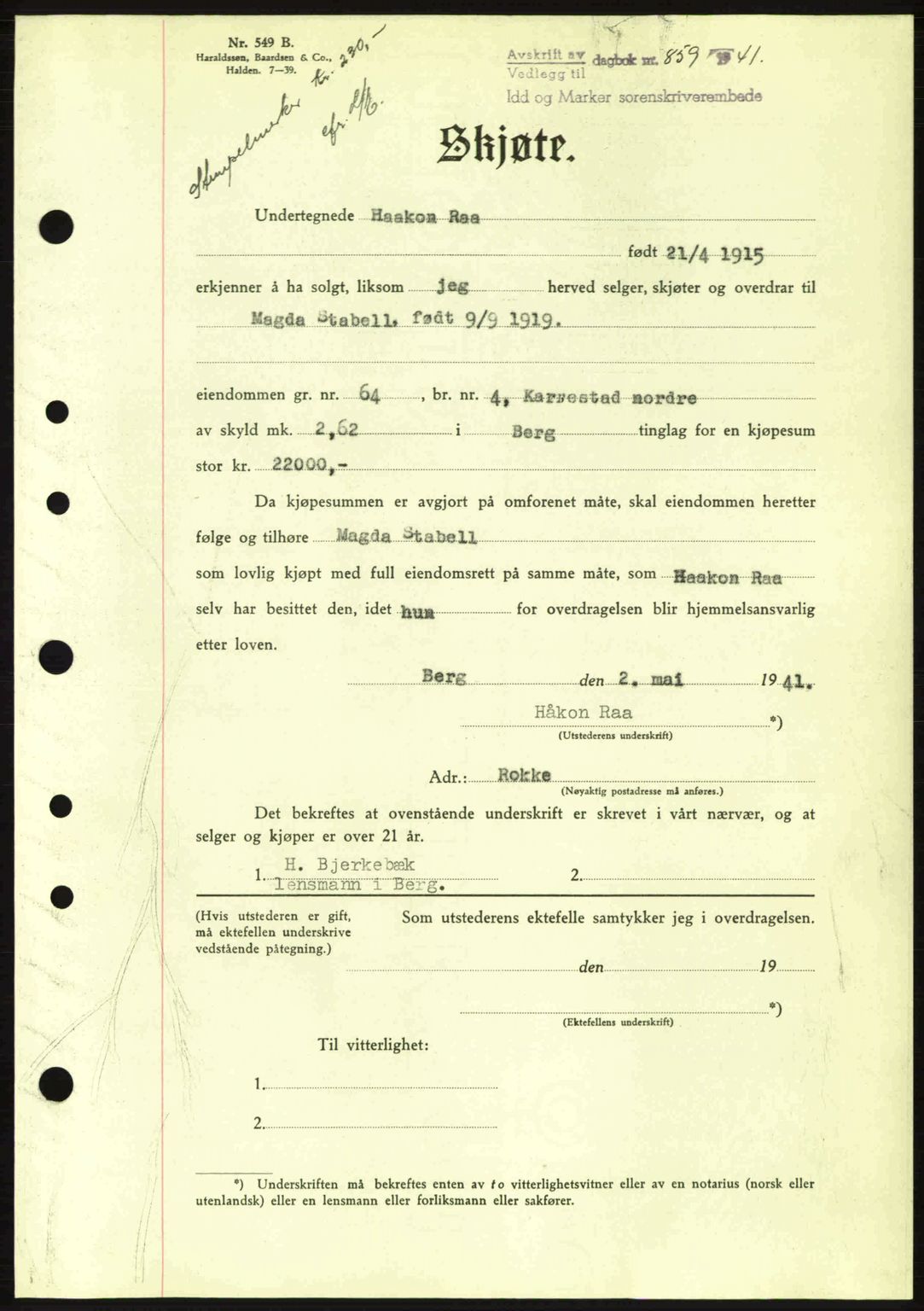 Idd og Marker sorenskriveri, AV/SAO-A-10283/G/Gb/Gbb/L0004: Pantebok nr. A4, 1940-1941, Dagboknr: 859/1941