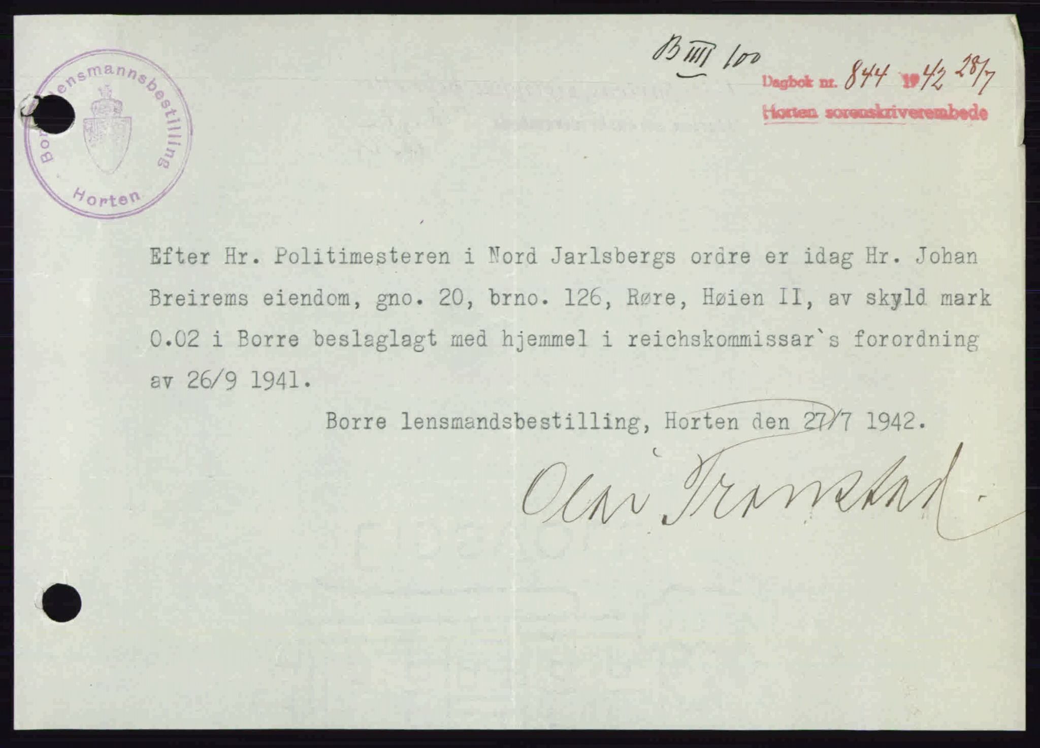 Horten sorenskriveri, SAKO/A-133/G/Ga/Gab/L0003: Pantebok nr. B-5 - B-6, 1941-1943, Dagboknr: 844/1942