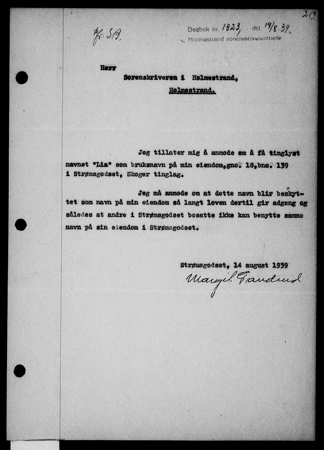 Holmestrand sorenskriveri, SAKO/A-67/G/Ga/Gaa/L0051: Pantebok nr. A-51, 1939-1940, Dagboknr: 1323/1939