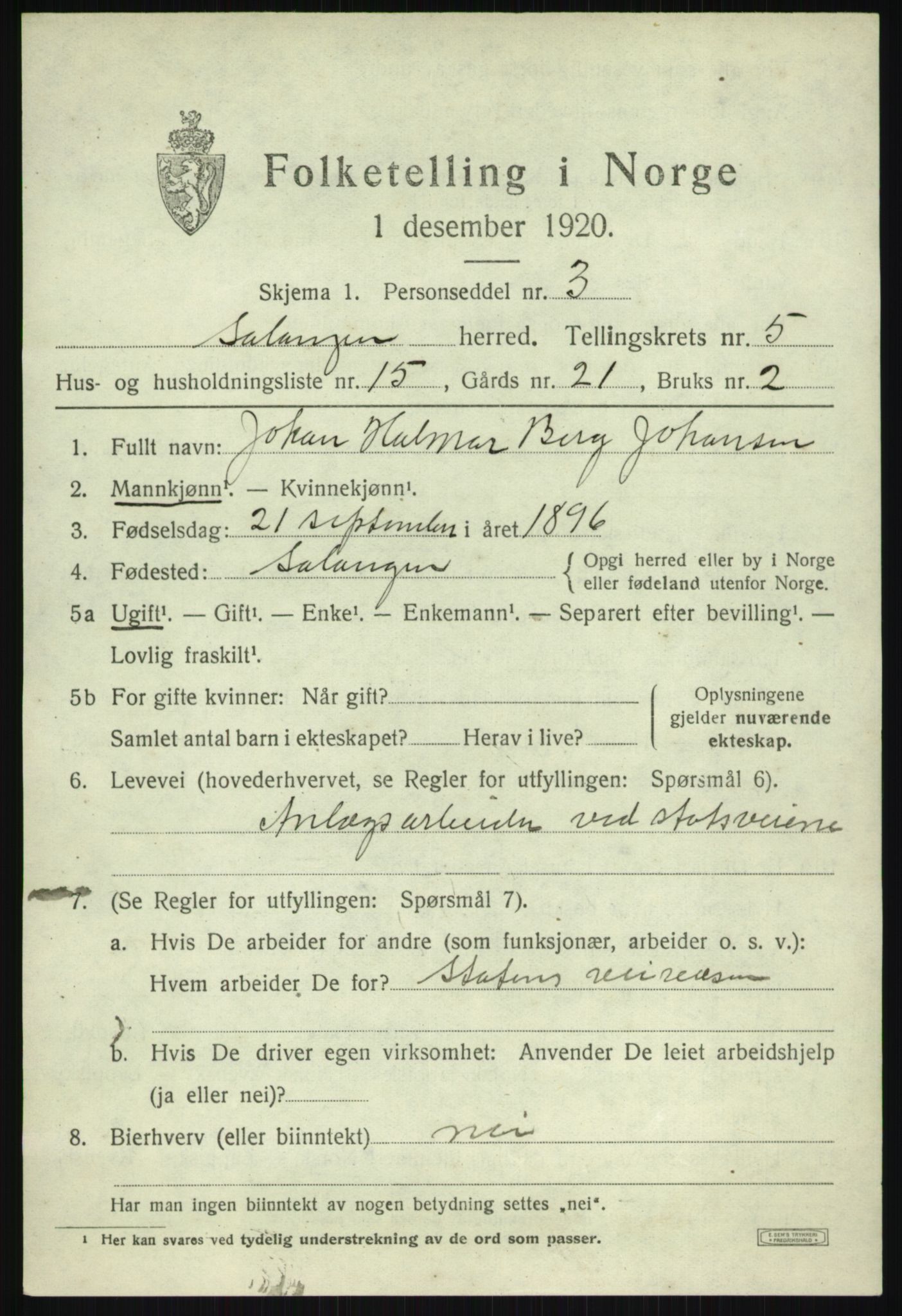 SATØ, Folketelling 1920 for 1921 Salangen herred, 1920, s. 3556