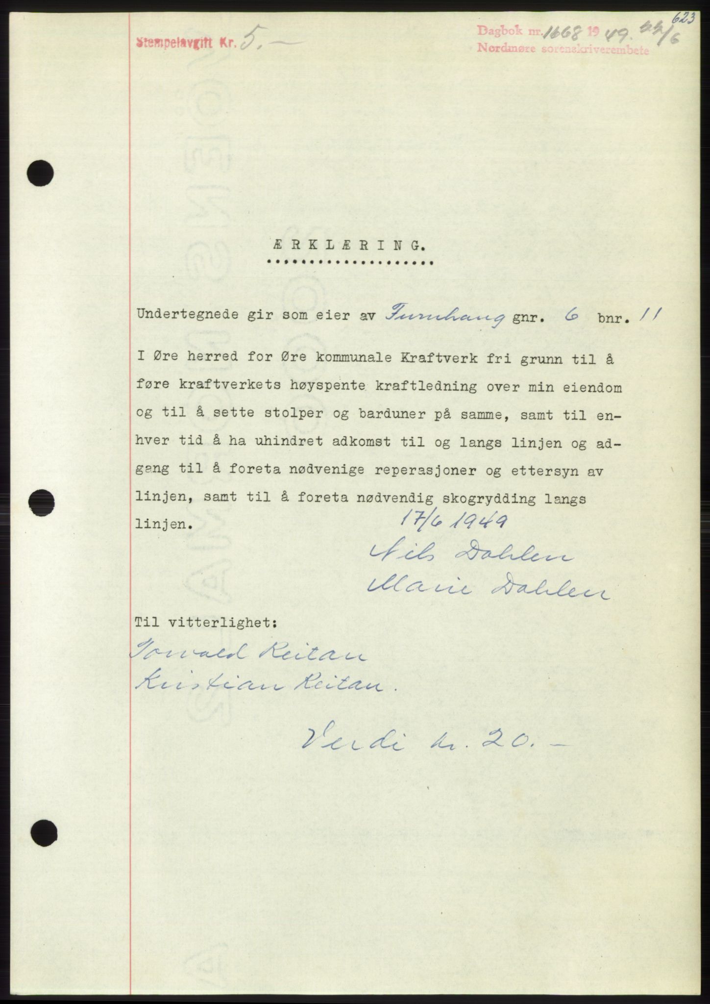 Nordmøre sorenskriveri, SAT/A-4132/1/2/2Ca: Pantebok nr. B101, 1949-1949, Dagboknr: 1668/1949