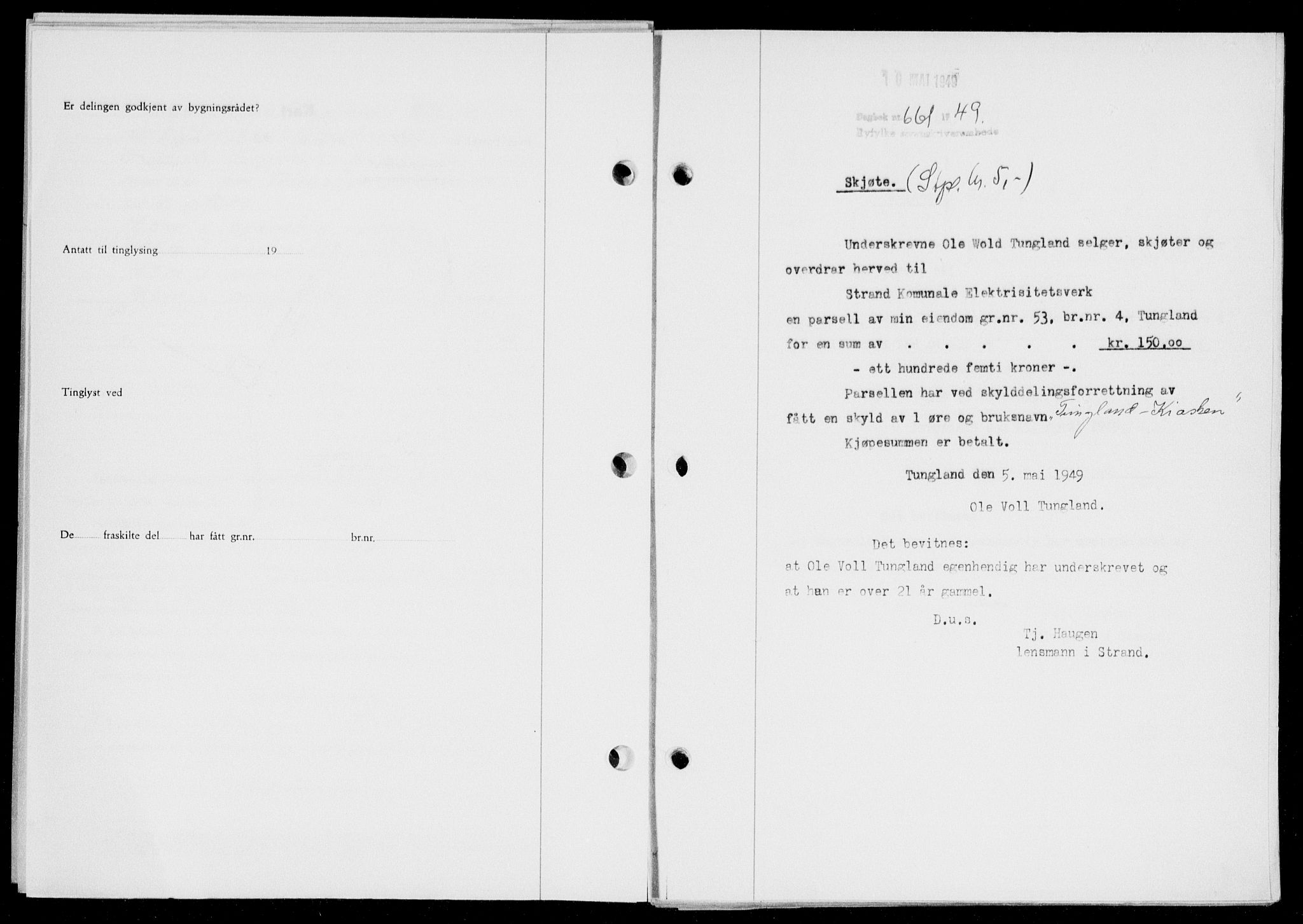 Ryfylke tingrett, SAST/A-100055/001/II/IIB/L0104: Pantebok nr. 83, 1948-1949, Dagboknr: 661/1949