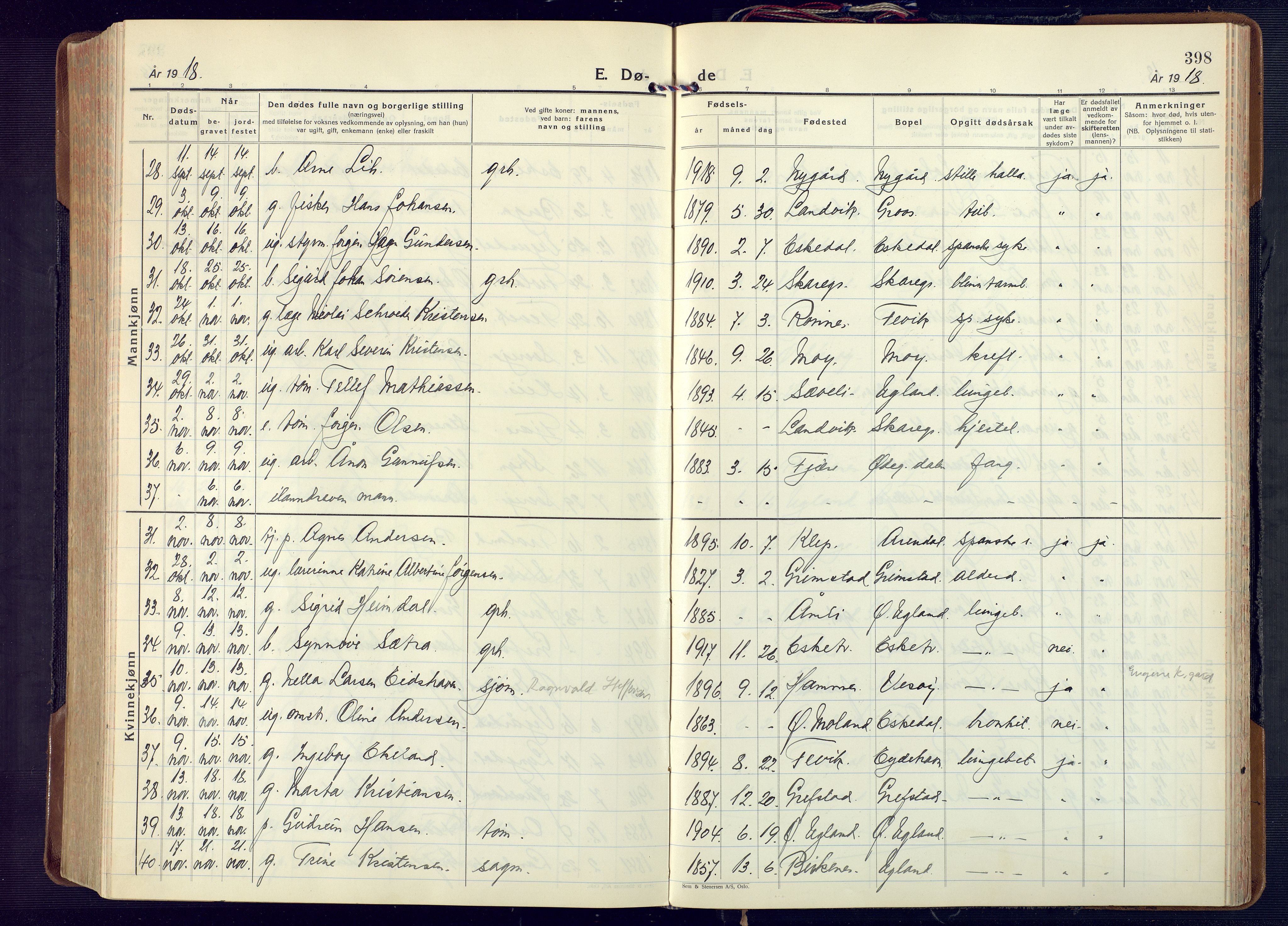 Fjære sokneprestkontor, AV/SAK-1111-0011/F/Fa/L0004: Ministerialbok nr. A 4, 1902-1925, s. 398