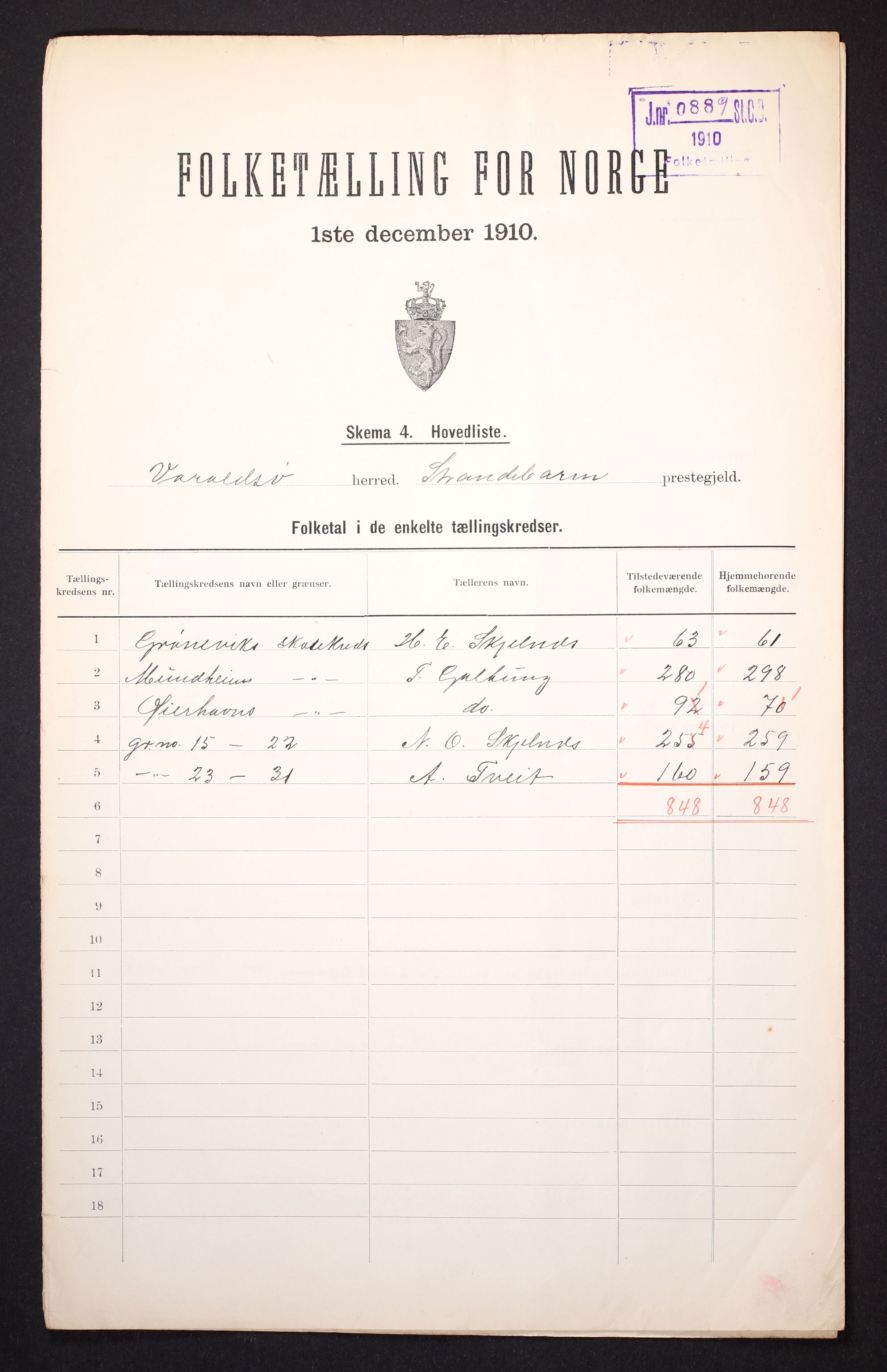 RA, Folketelling 1910 for 1225 Varaldsøy herred, 1910, s. 2