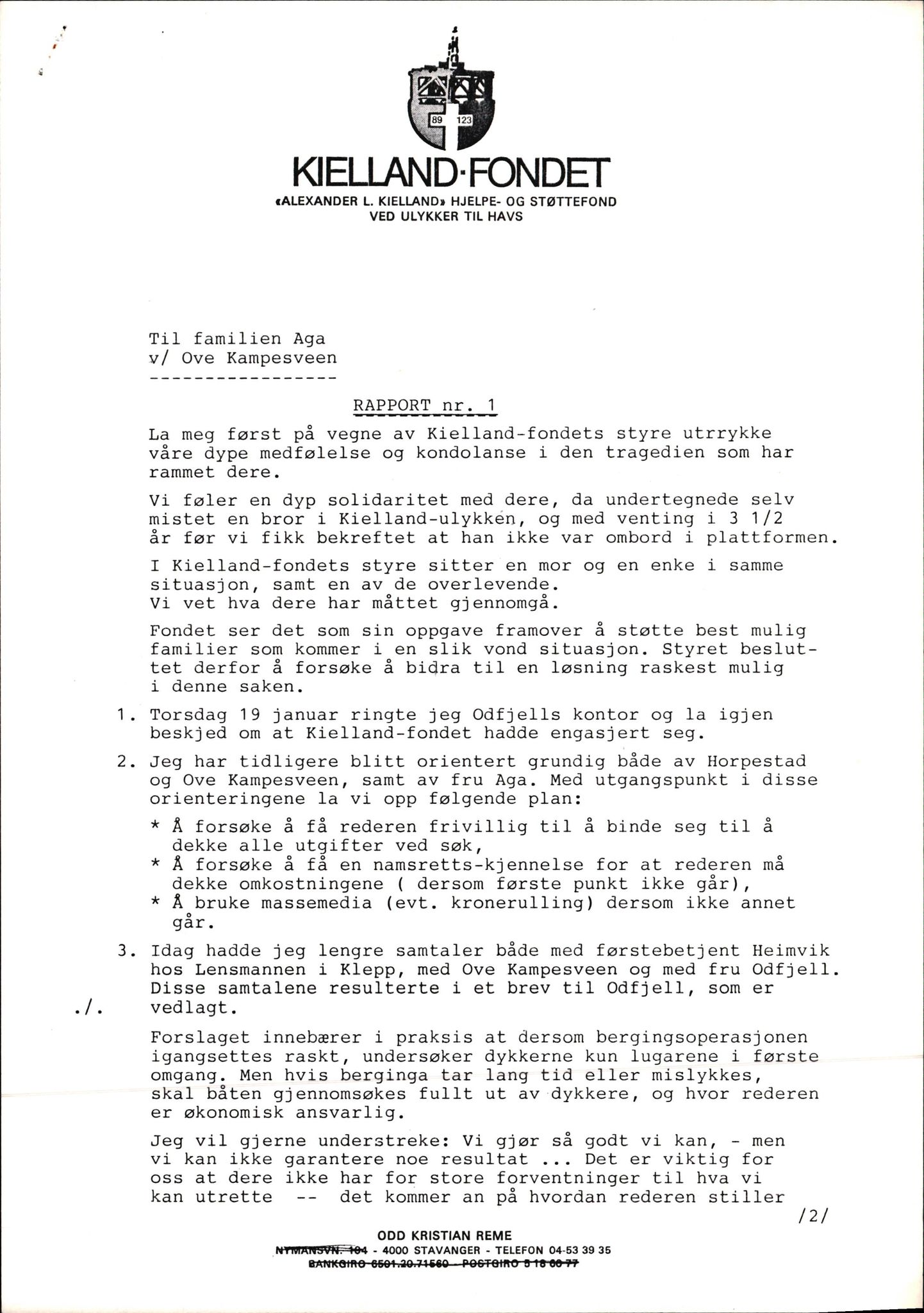 Pa 1660 - Kielland- fondet, AV/SAST-A-102242/X/Xa/L0001: Rapport til overlevende og etterlatte/ Kielland Bulletin, 1980-1998