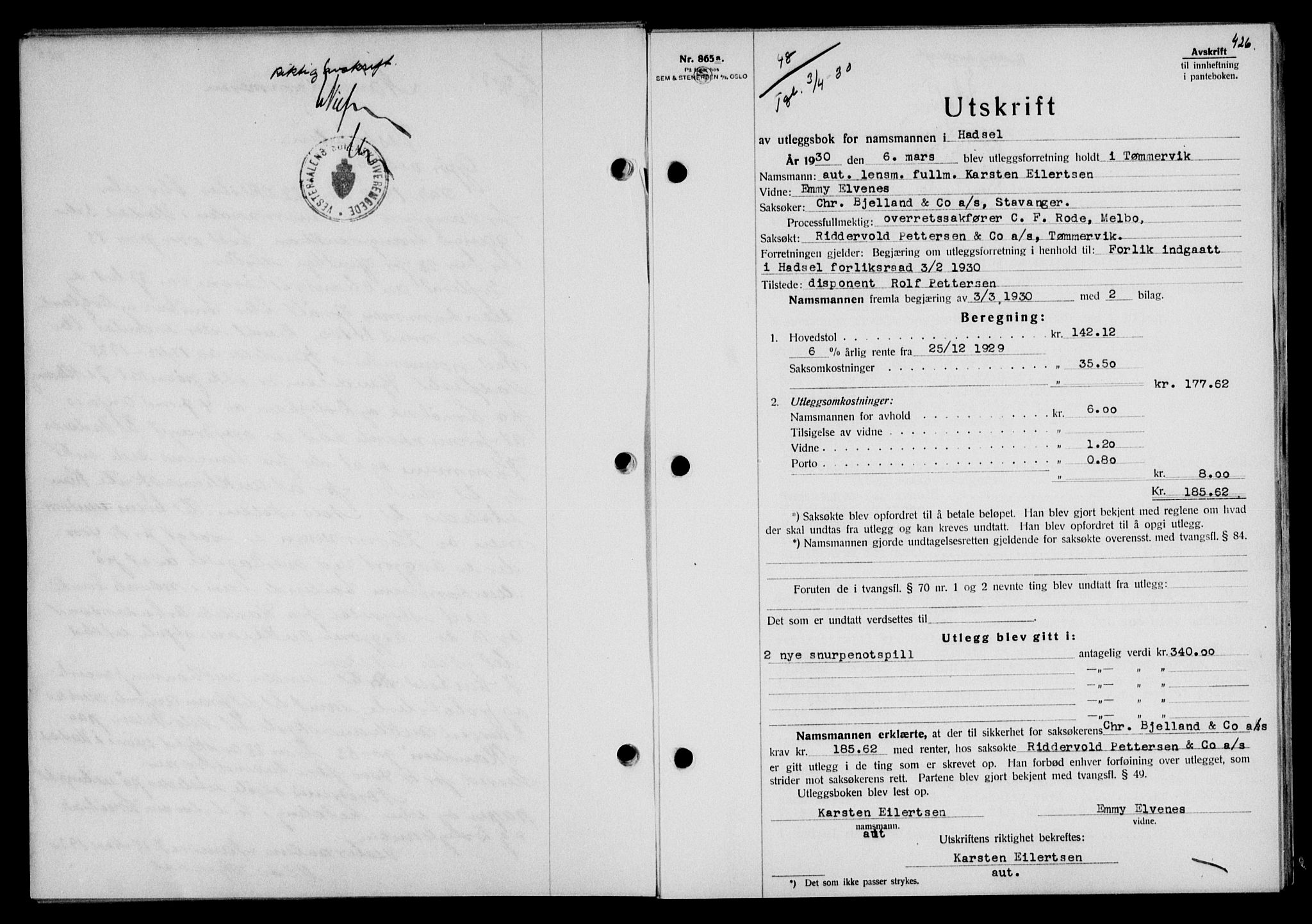 Vesterålen sorenskriveri, SAT/A-4180/1/2/2Ca/L0050: Pantebok nr. 43, 1929-1930, Tingl.dato: 03.04.1930