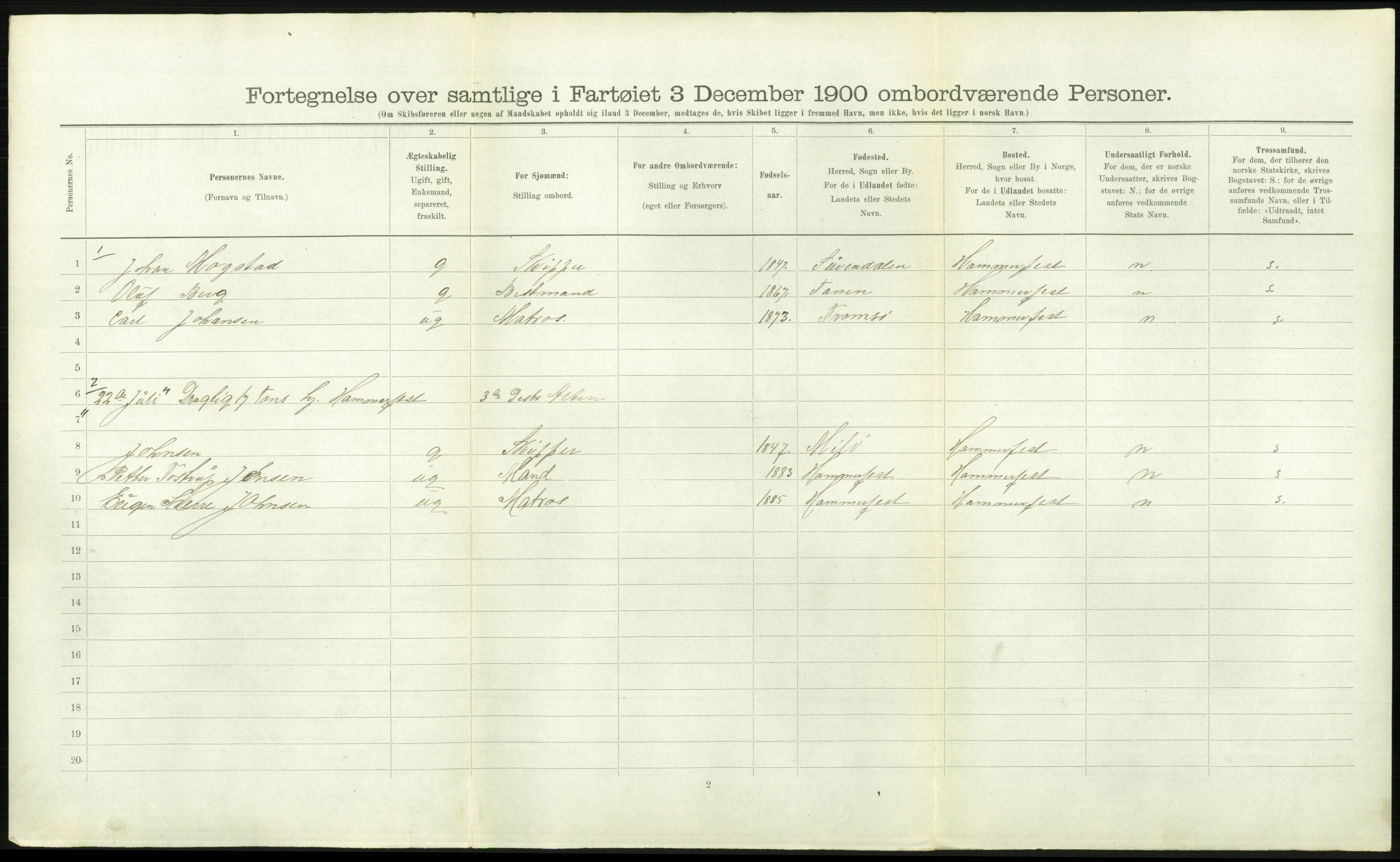 RA, Folketelling 1900 - skipslister med personlister for skip i norske havner, utenlandske havner og til havs, 1900, s. 2818