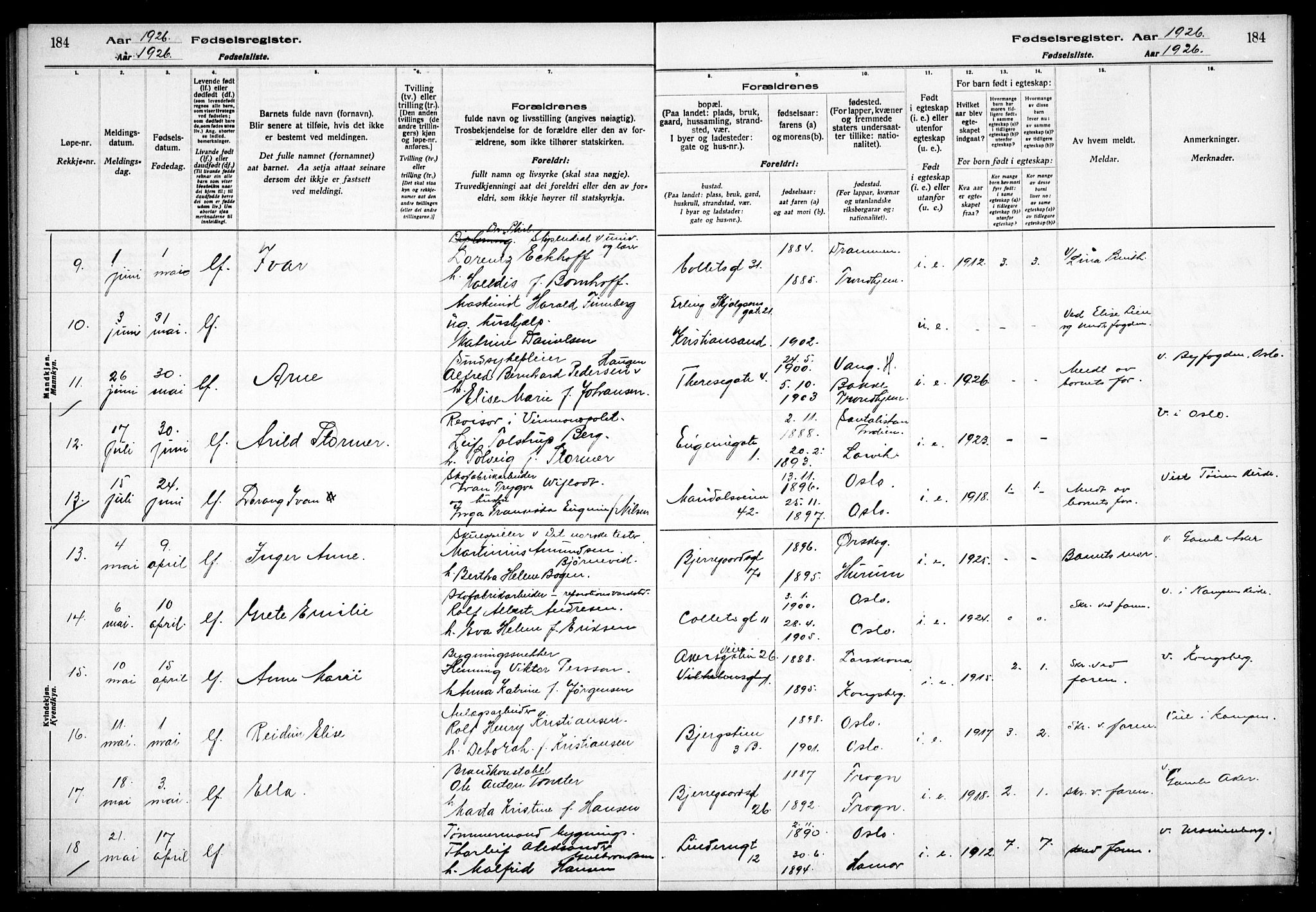 Gamle Aker prestekontor Kirkebøker, AV/SAO-A-10617a/J/L0001: Fødselsregister nr. 1, 1916-1927, s. 184