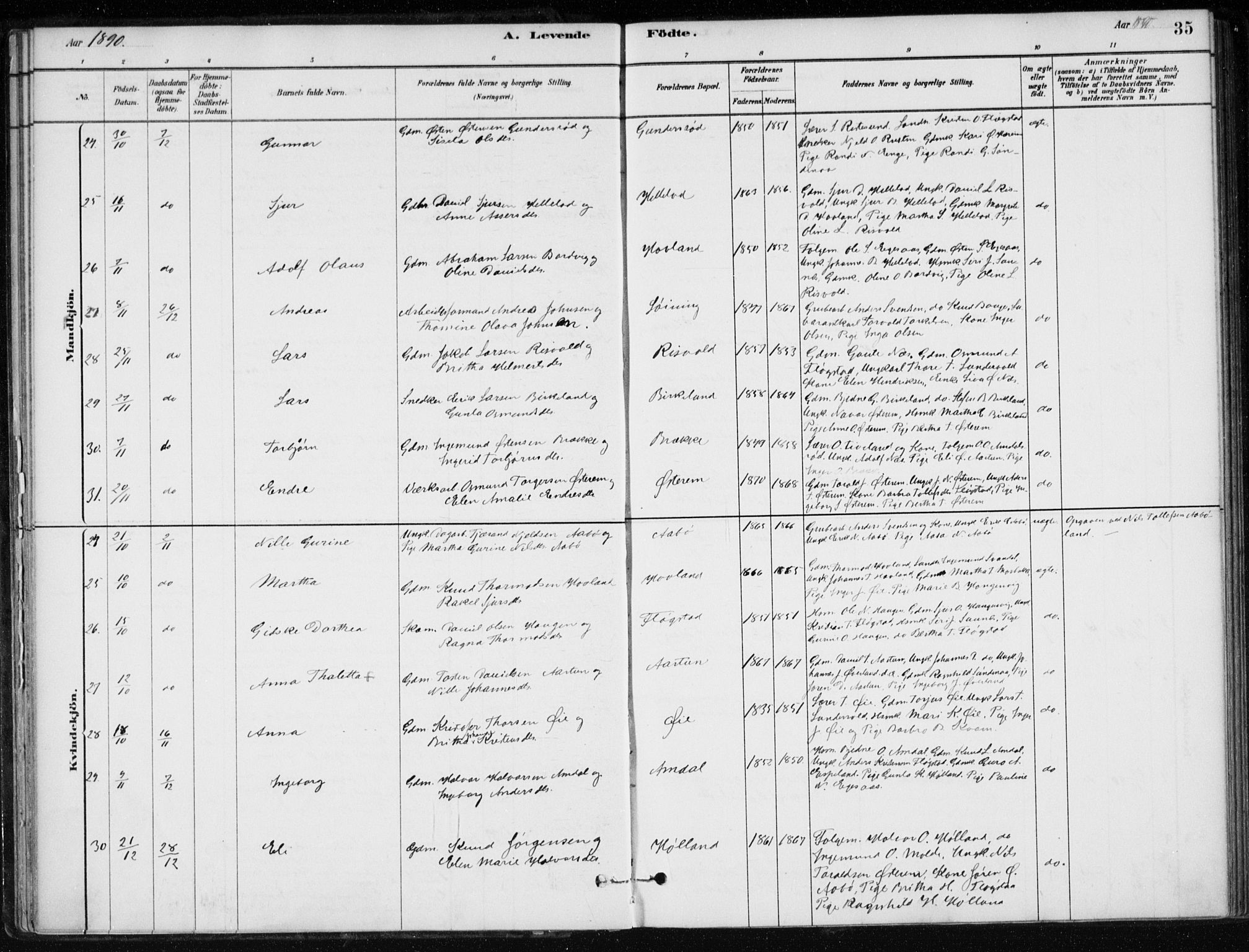 Sand sokneprestkontor, AV/SAST-A-101848/01/III/L0006: Ministerialbok nr. A 6, 1880-1898, s. 35