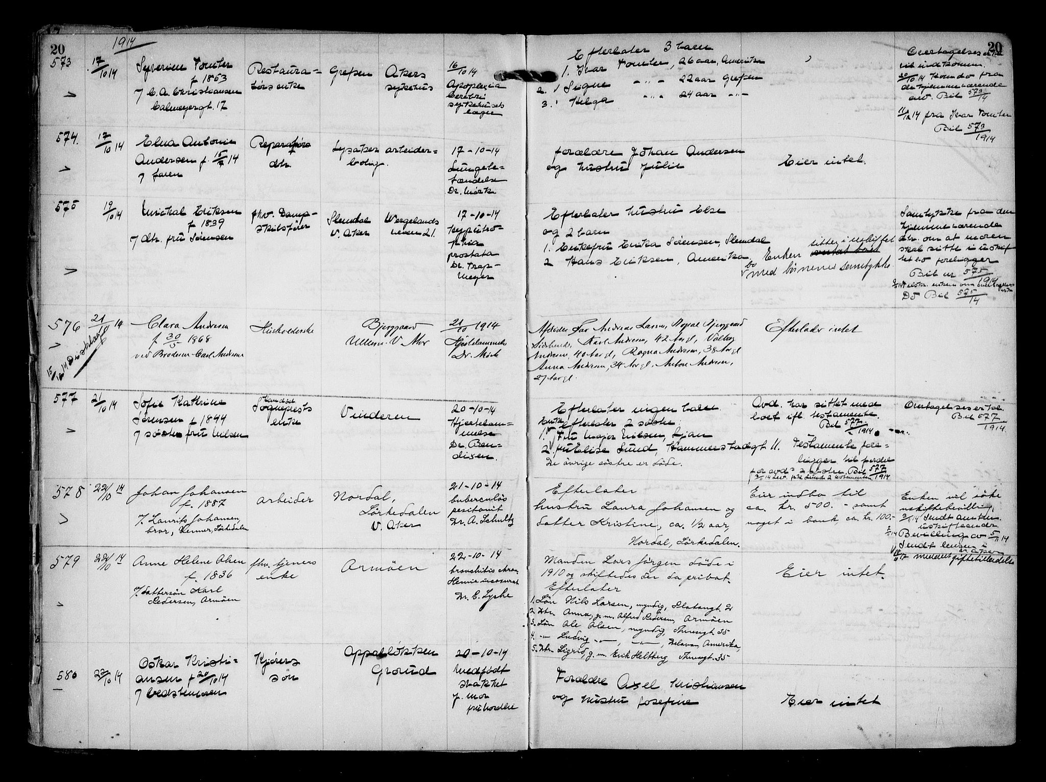 Aker kriminaldommer, skifte- og auksjonsforvalterembete, AV/SAO-A-10452/H/Hb/Hba/Hbaa/L0004: Dødsfallsprotokoll, 1914-1918, s. 20