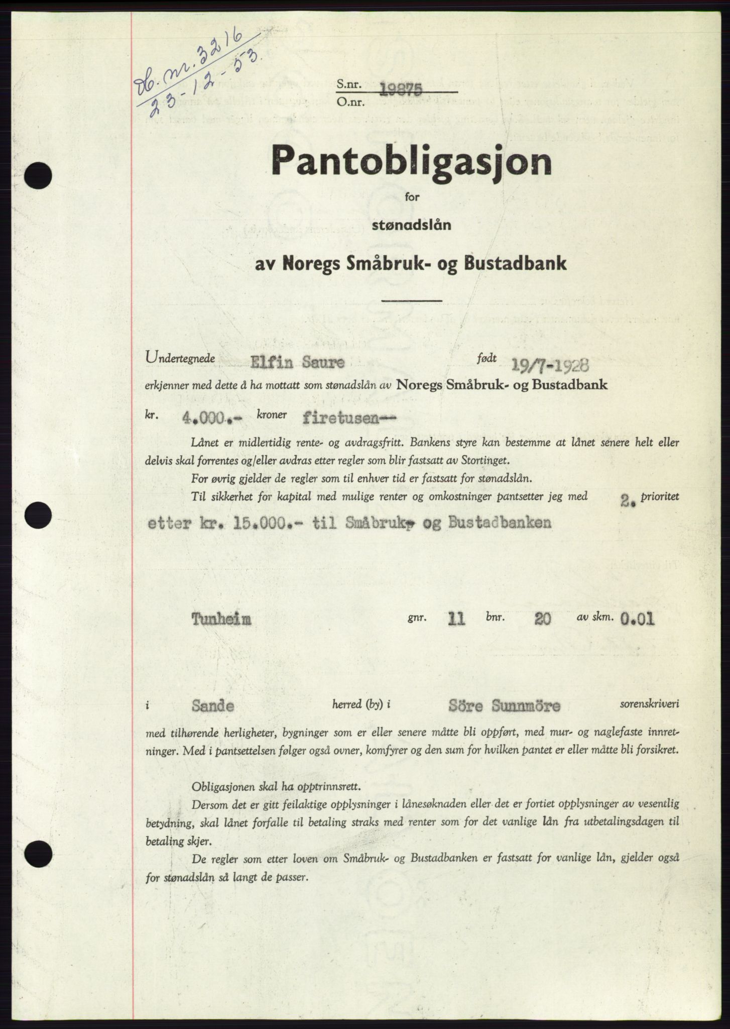Søre Sunnmøre sorenskriveri, AV/SAT-A-4122/1/2/2C/L0124: Pantebok nr. 12B, 1953-1954, Dagboknr: 3216/1953