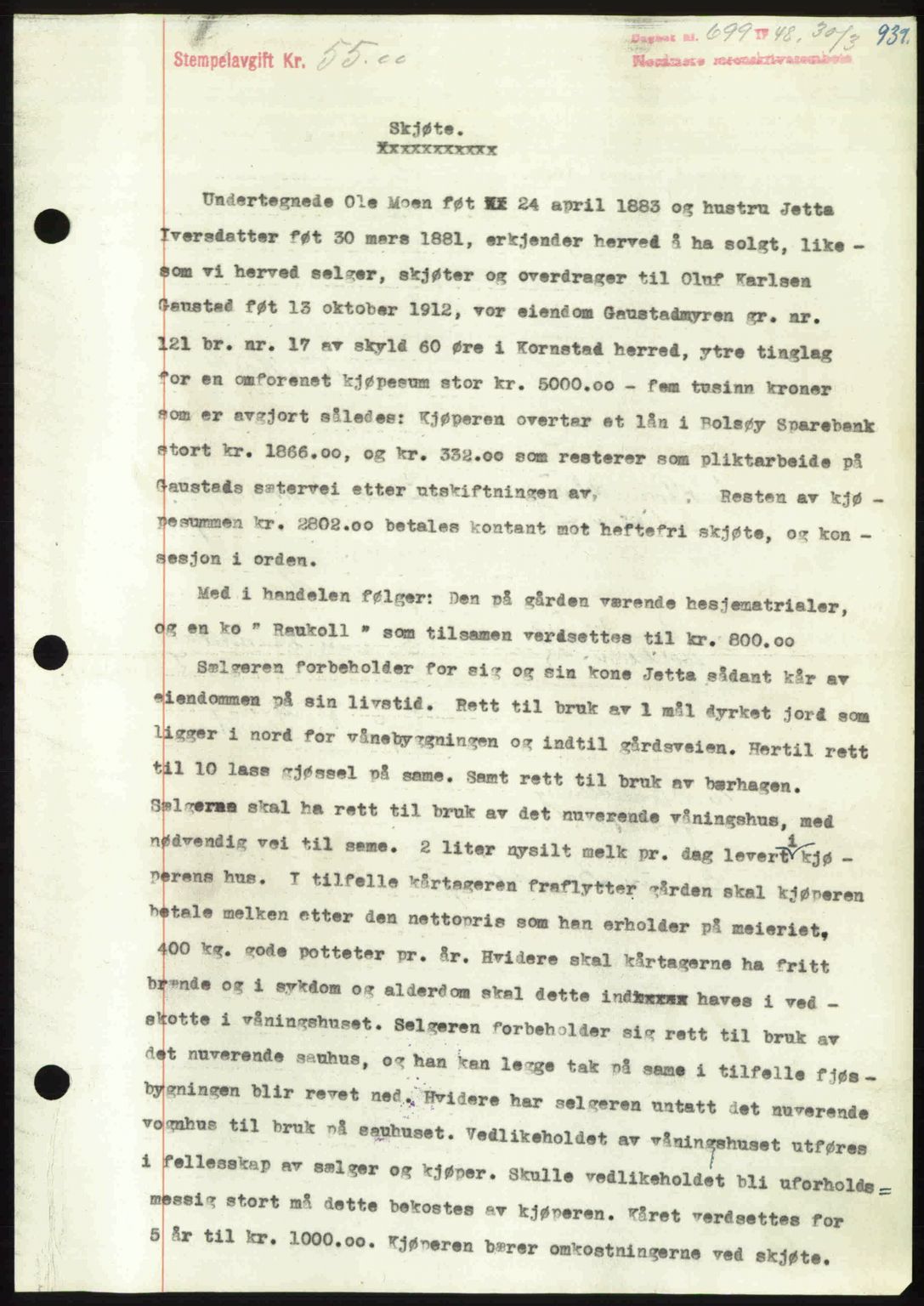 Nordmøre sorenskriveri, SAT/A-4132/1/2/2Ca: Pantebok nr. A107, 1947-1948, Dagboknr: 699/1948