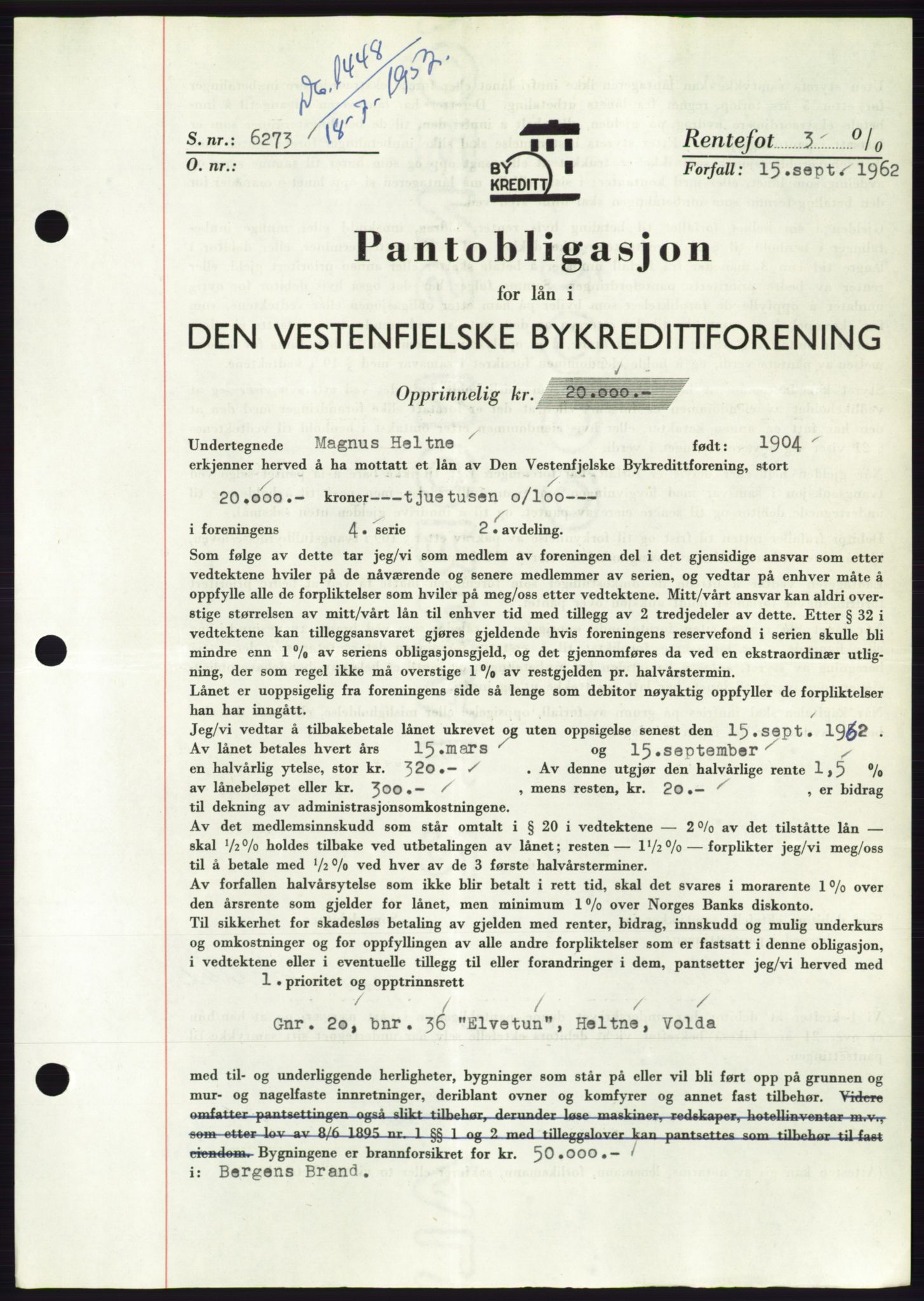 Søre Sunnmøre sorenskriveri, AV/SAT-A-4122/1/2/2C/L0121: Pantebok nr. 9B, 1951-1952, Dagboknr: 1448/1952