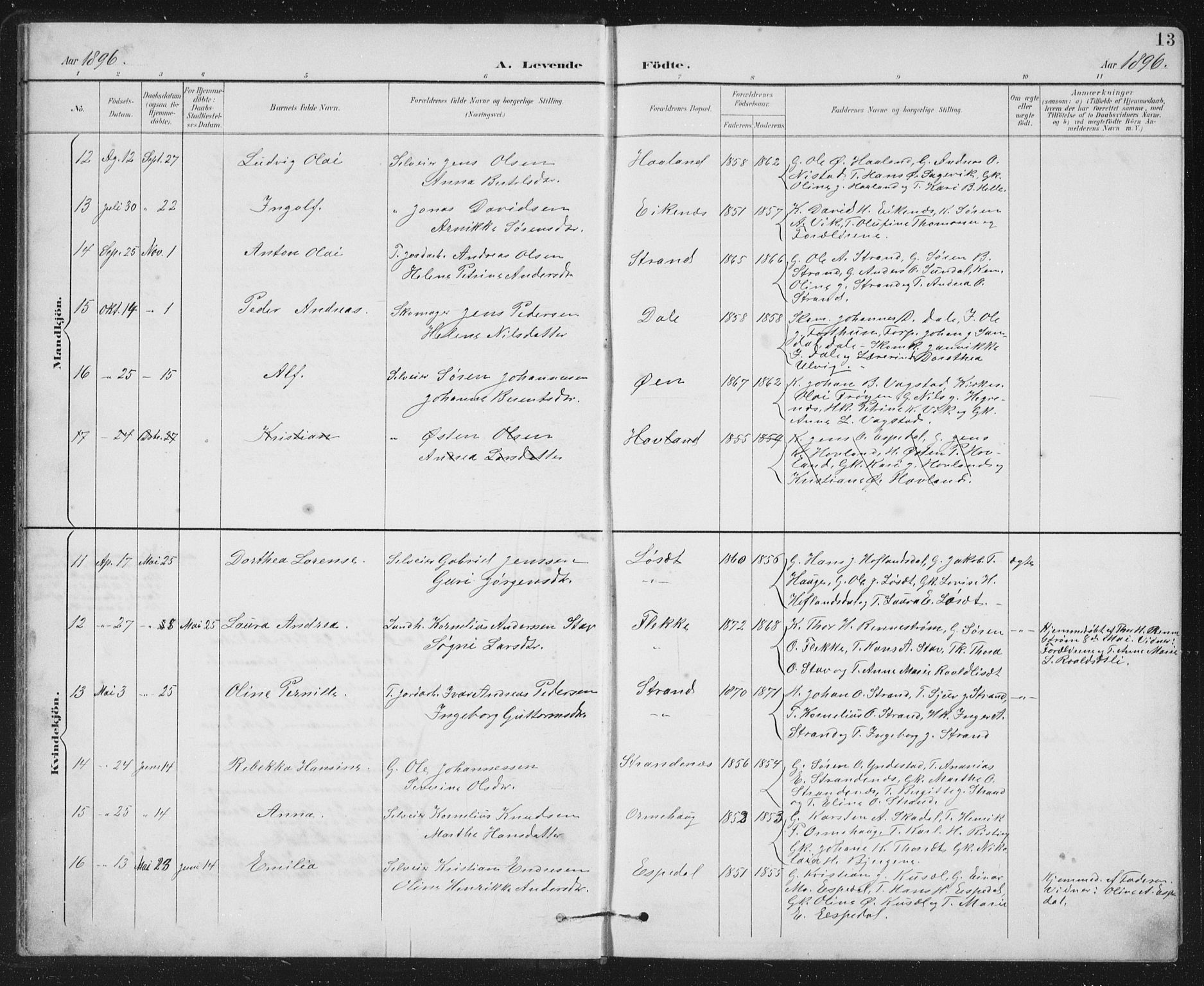 Fjaler sokneprestembete, AV/SAB-A-79801/H/Hab/Habc/L0003: Klokkerbok nr. C 3, 1894-1917, s. 13