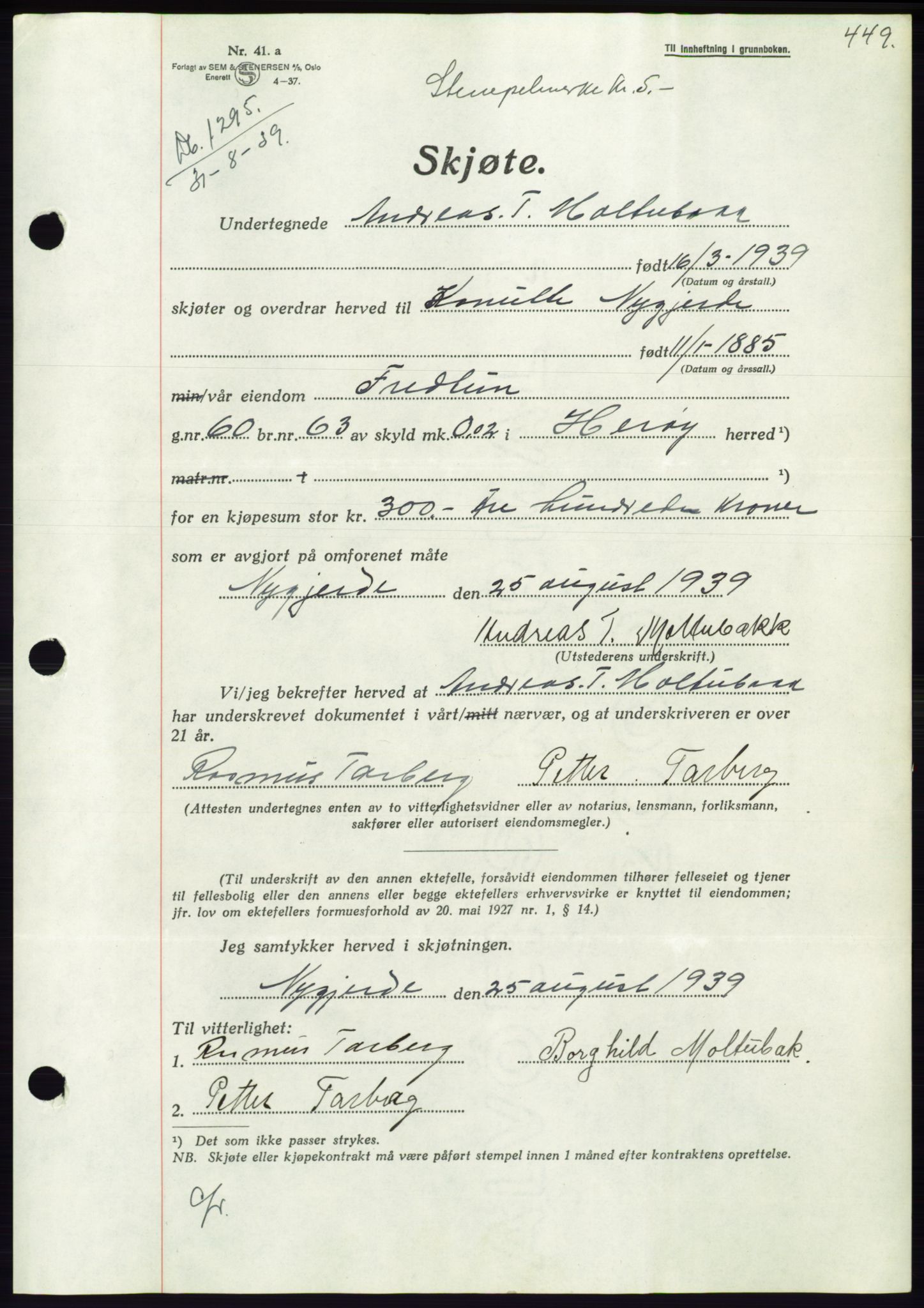 Søre Sunnmøre sorenskriveri, AV/SAT-A-4122/1/2/2C/L0068: Pantebok nr. 62, 1939-1939, Dagboknr: 1295/1939