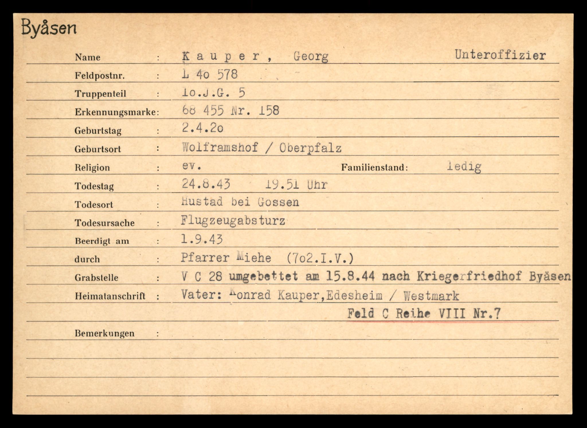 Distriktskontoret for krigsgraver, AV/SAT-A-5030/E/L0004: Kasett/kartotek over tysk Krigskirkegård på Byåsen, 1945, s. 833