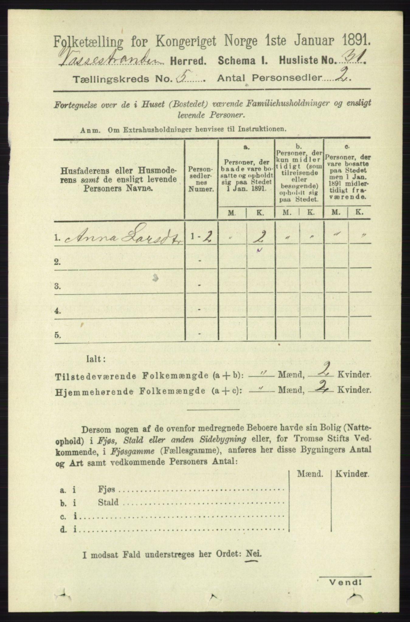 RA, Folketelling 1891 for 1236 Vossestrand herred, 1891, s. 1881