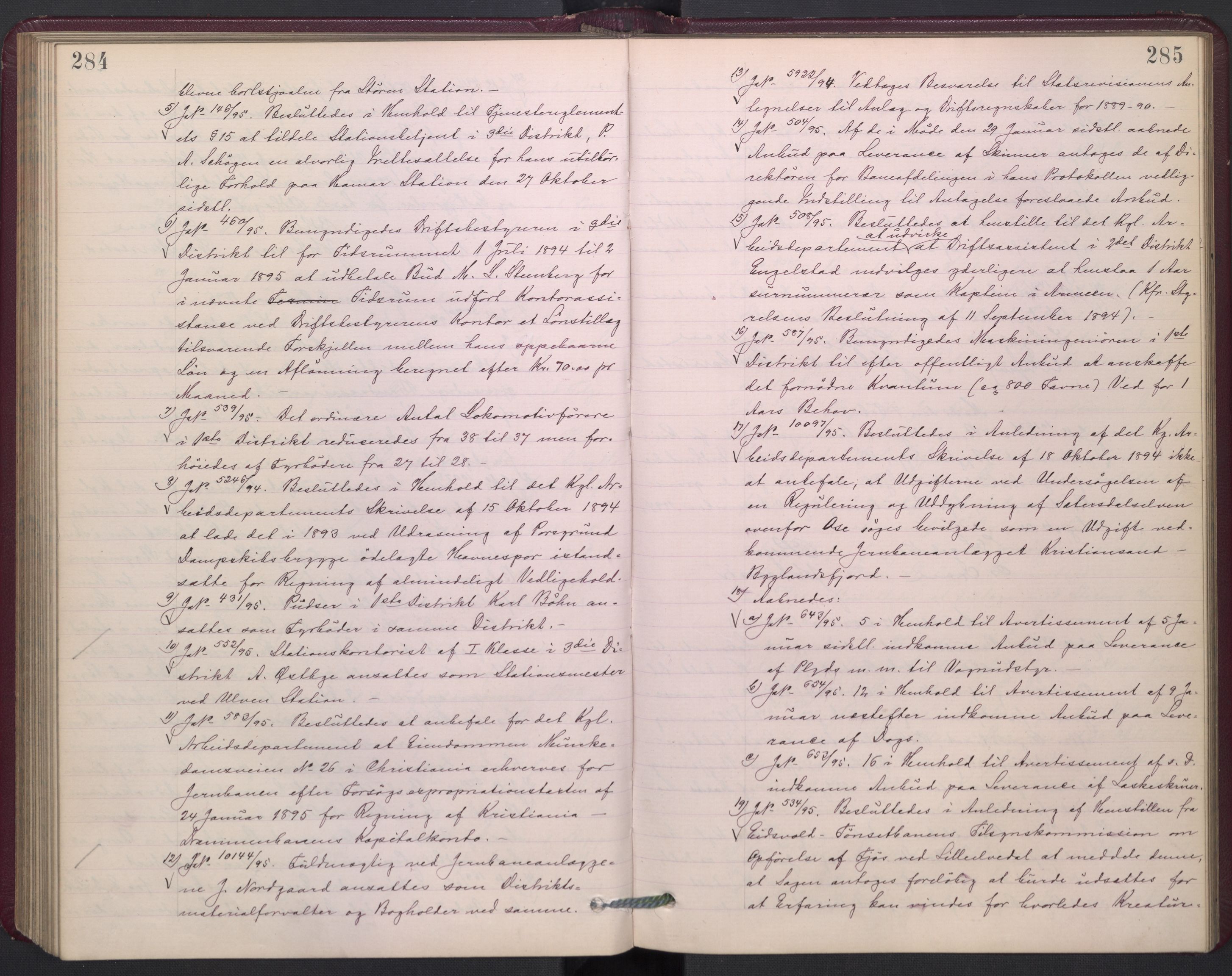 Norges statsbaner, Administrasjons- økonomi- og personalavdelingen, AV/RA-S-3412/A/Aa/L0002a: Forhandlingsprotokoll, 1893-1895, s. 284-285