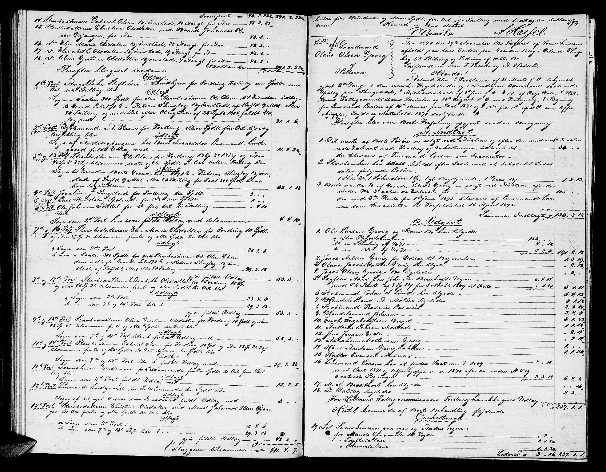 Fosen sorenskriveri, AV/SAT-A-1107/1/3/3A/L0025: Skifteutlodningsprotokoll nr. 4, 1867-1874, s. 293