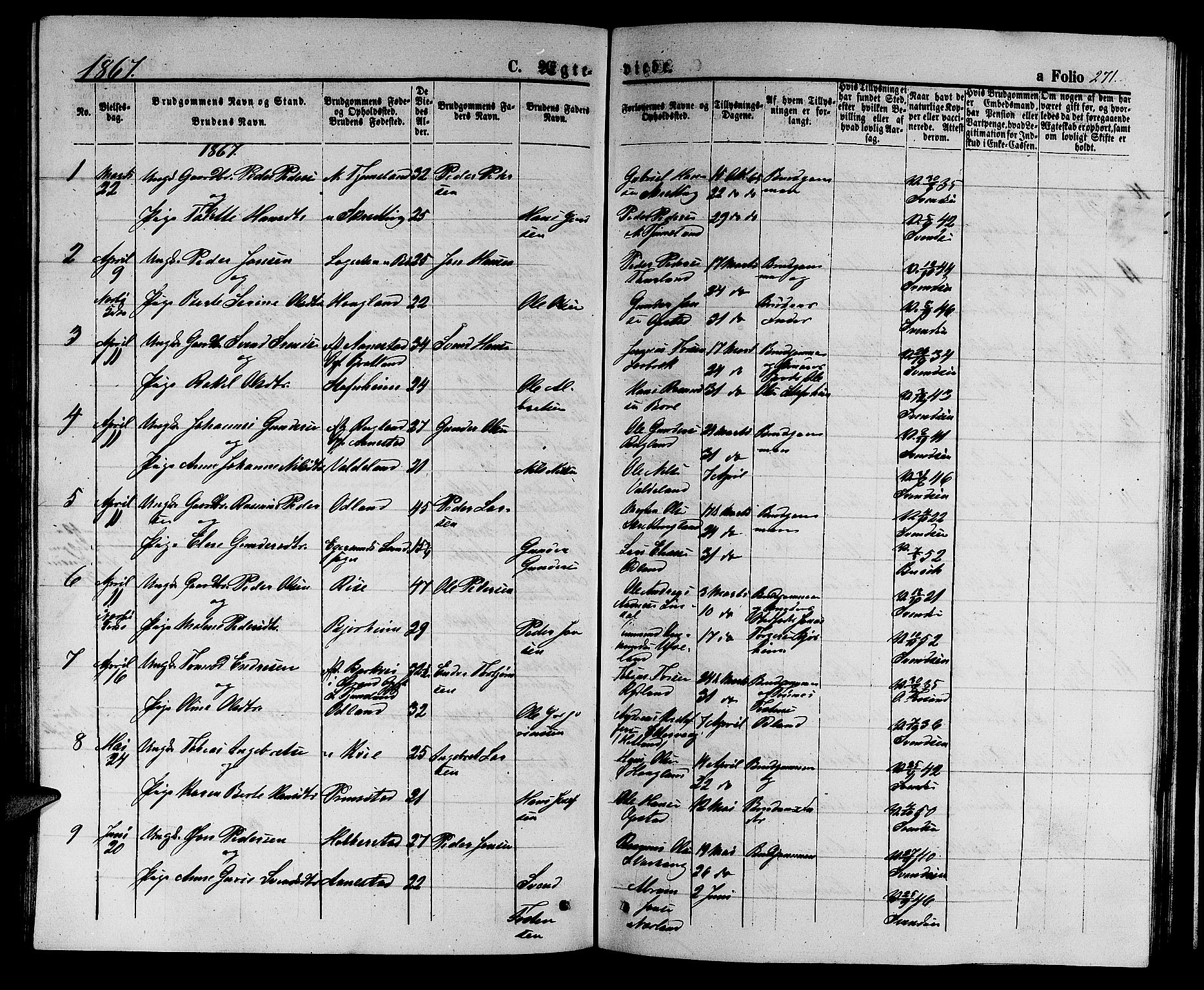 Hå sokneprestkontor, SAST/A-101801/001/30BB/L0002: Klokkerbok nr. B 2, 1854-1883, s. 271