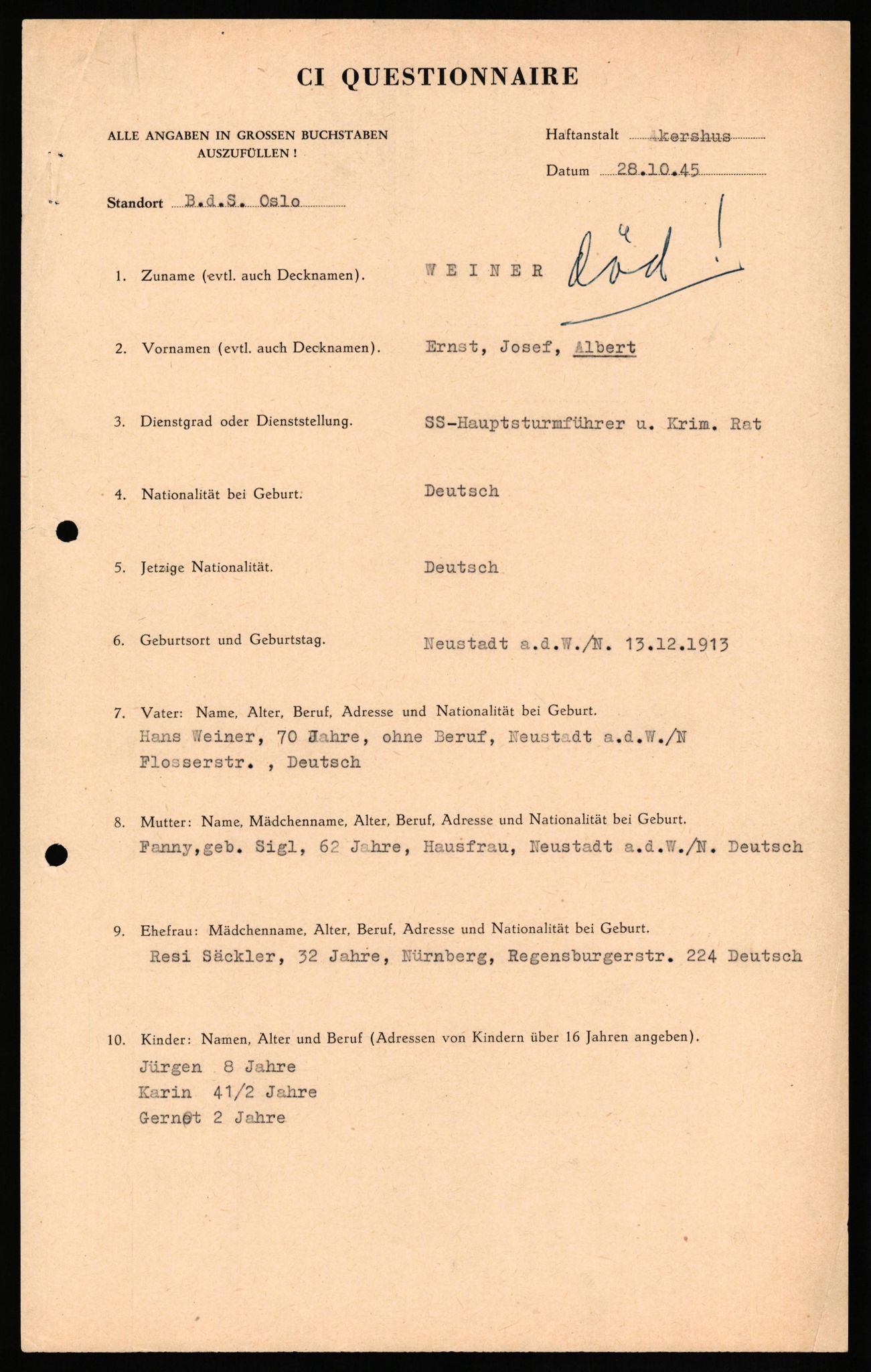 Forsvaret, Forsvarets overkommando II, AV/RA-RAFA-3915/D/Db/L0035: CI Questionaires. Tyske okkupasjonsstyrker i Norge. Tyskere., 1945-1946, s. 195