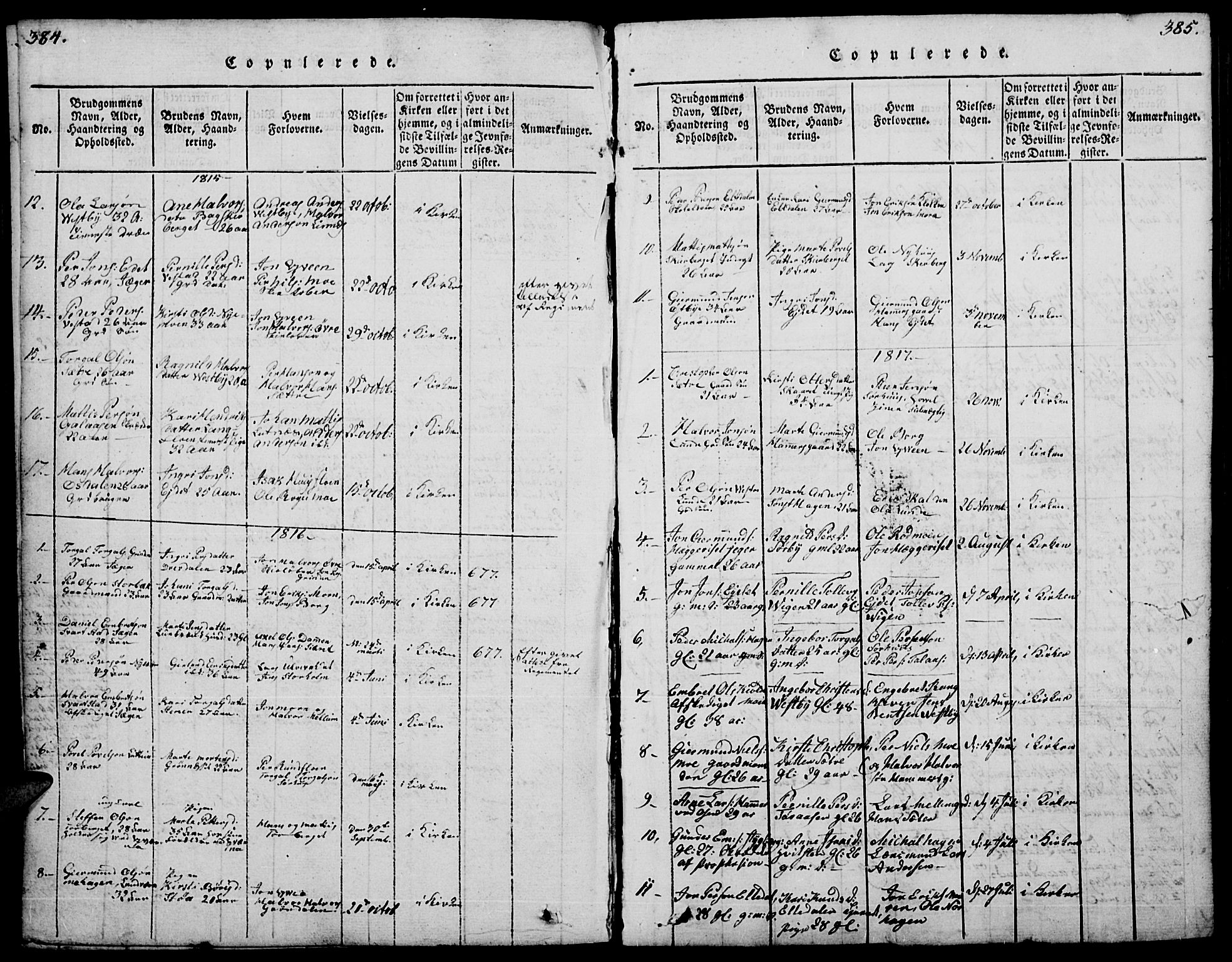 Trysil prestekontor, SAH/PREST-046/H/Ha/Hab/L0004: Klokkerbok nr. 4, 1814-1841, s. 384-385