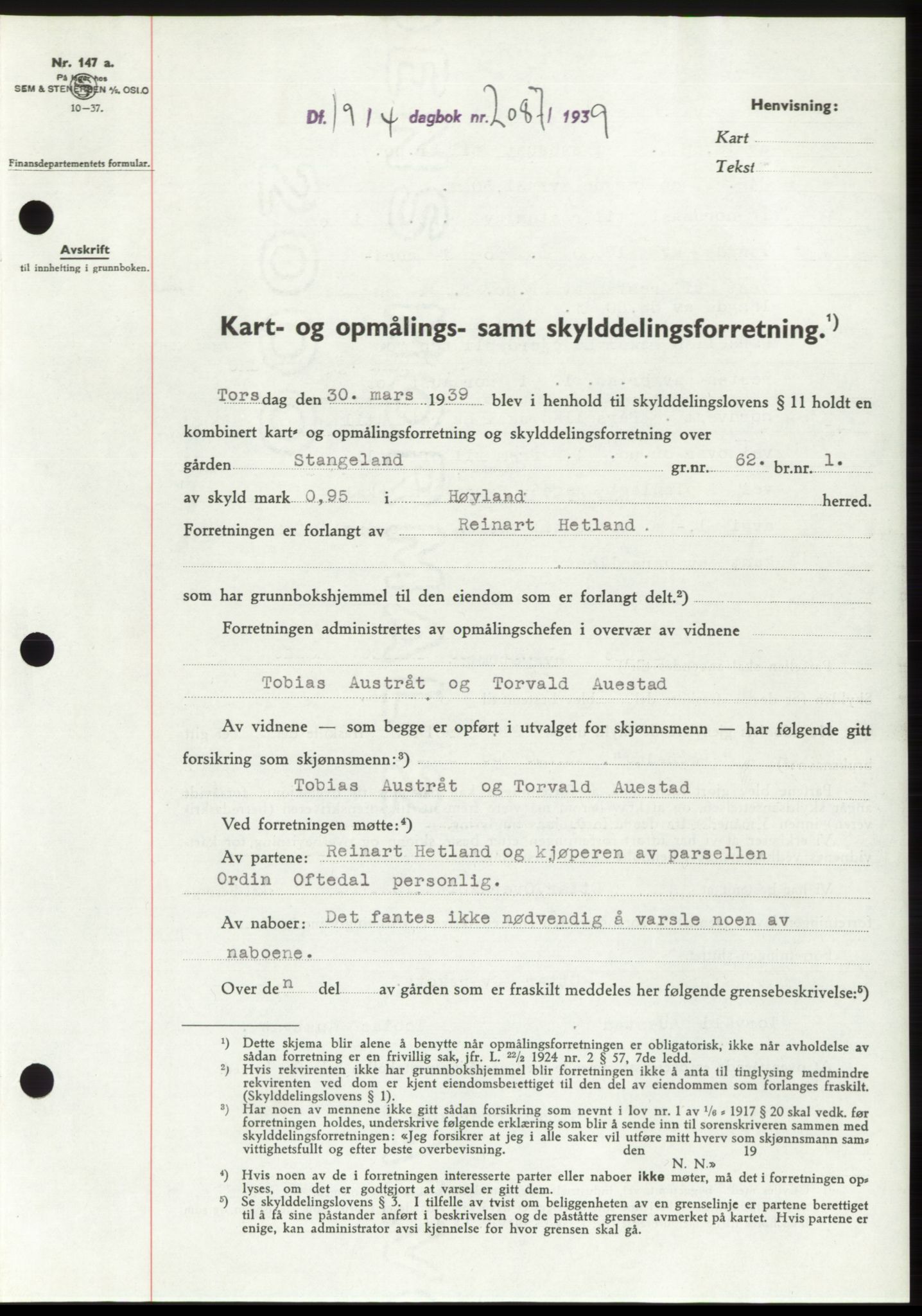 Jæren sorenskriveri, SAST/A-100310/03/G/Gba/L0074: Pantebok, 1939-1939, Dagboknr: 2087/1939