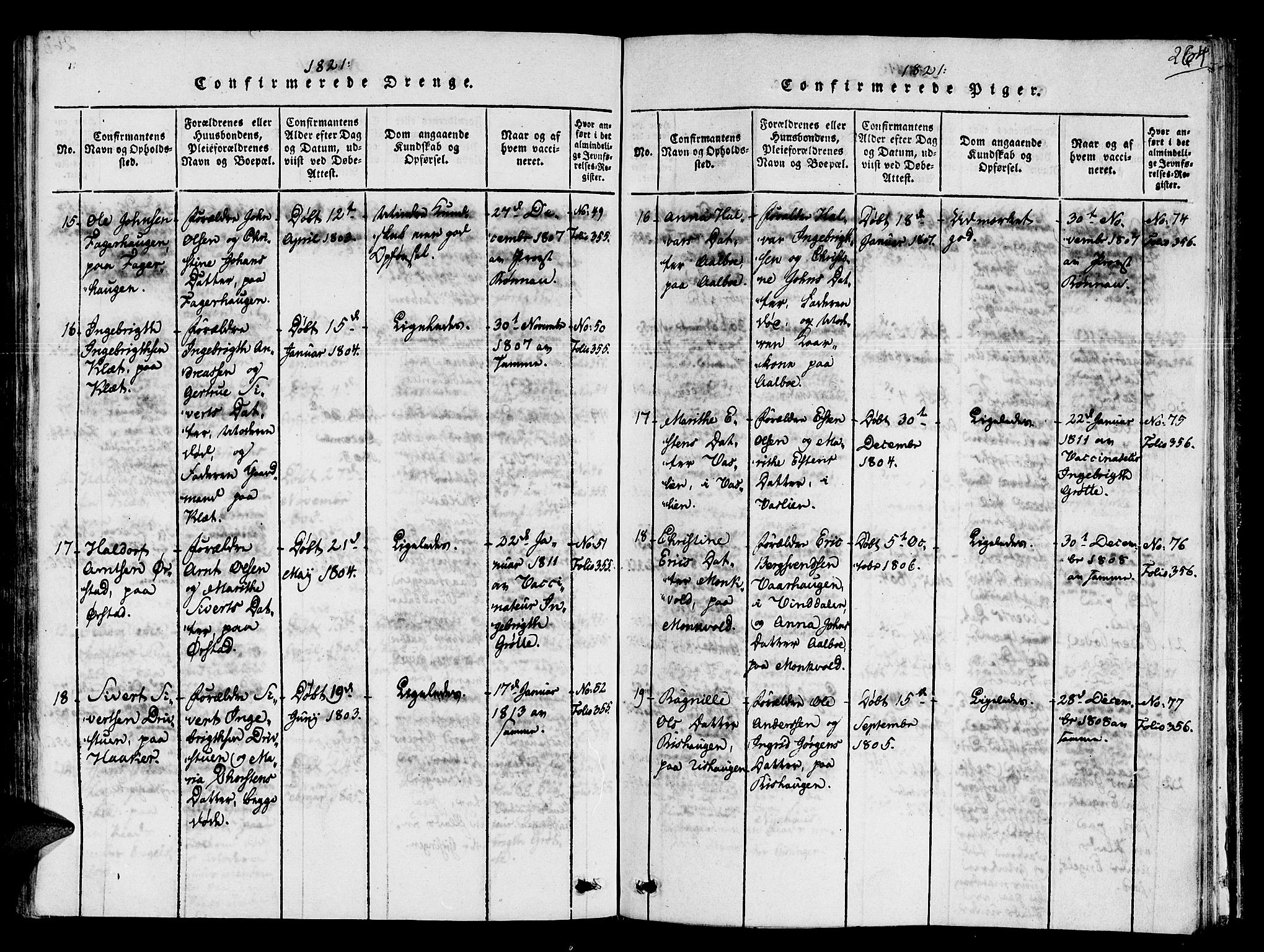 Ministerialprotokoller, klokkerbøker og fødselsregistre - Sør-Trøndelag, AV/SAT-A-1456/678/L0895: Ministerialbok nr. 678A05 /1, 1816-1821, s. 264