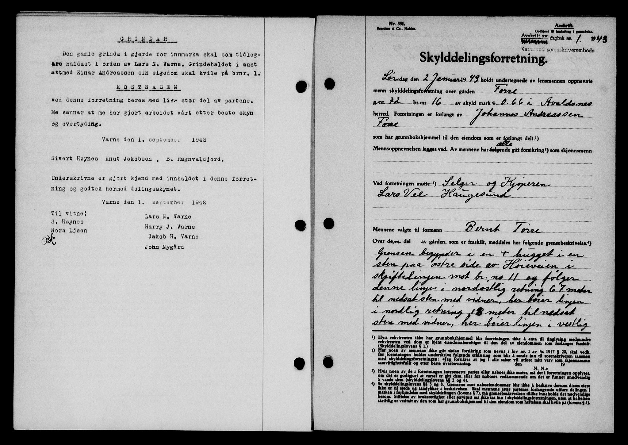Karmsund sorenskriveri, SAST/A-100311/01/II/IIB/L0079: Pantebok nr. 60A, 1942-1943, Dagboknr: 1/1943