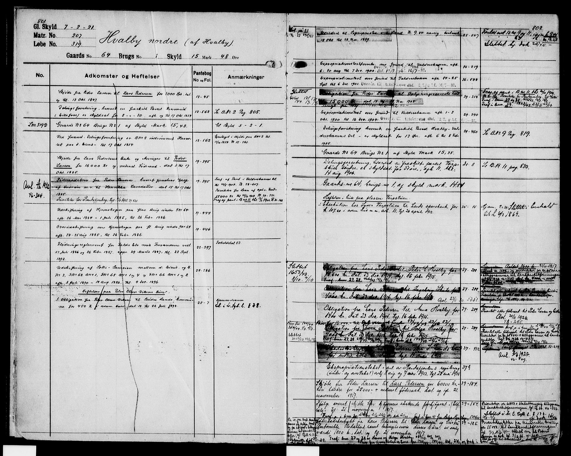 Hadeland og Land tingrett, SAH/TING-010/H/Ha/Hac/L0016: Panteregister nr. 3.16, 1906-1951, s. 801-802