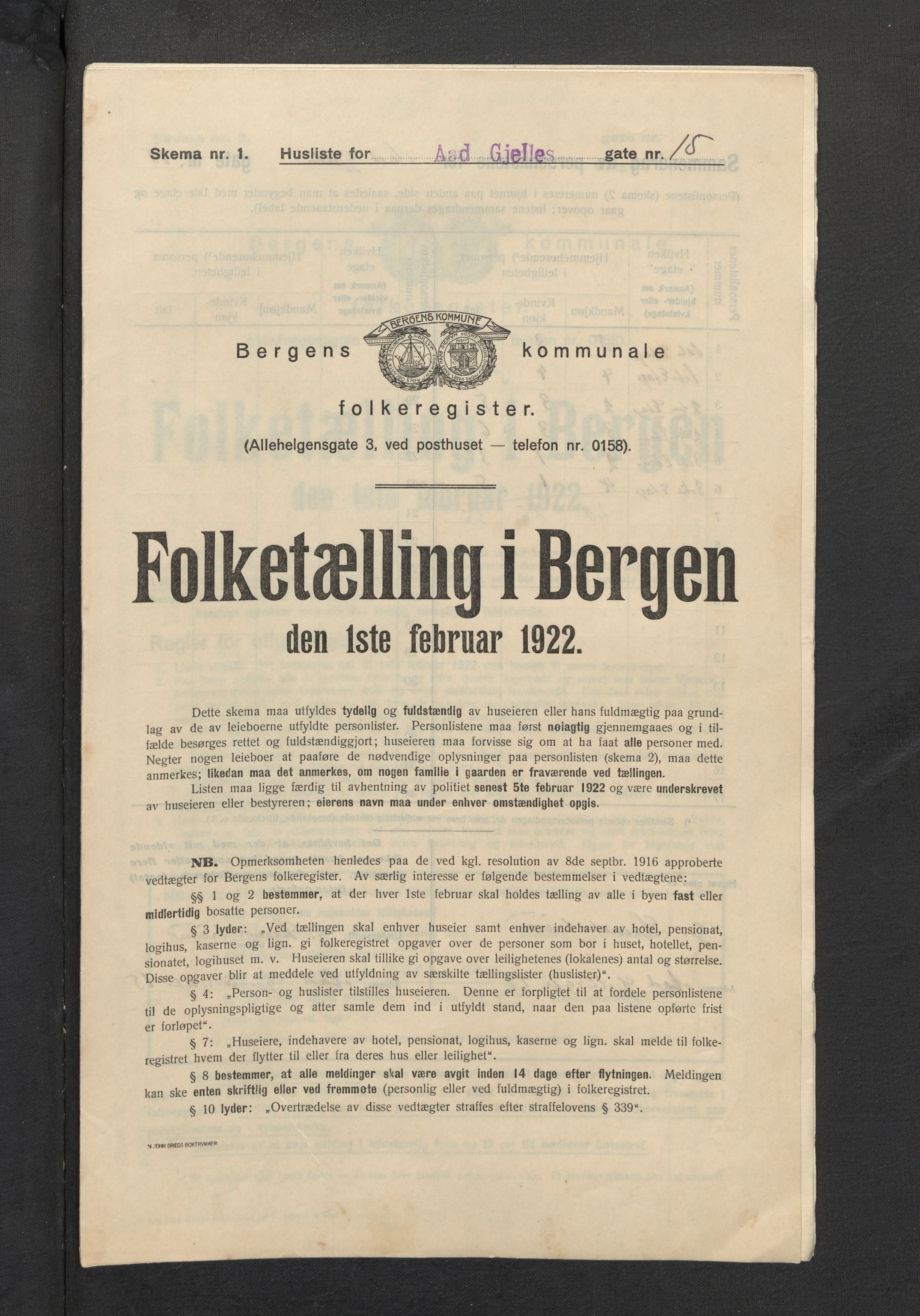SAB, Kommunal folketelling 1922 for Bergen kjøpstad, 1922, s. 71