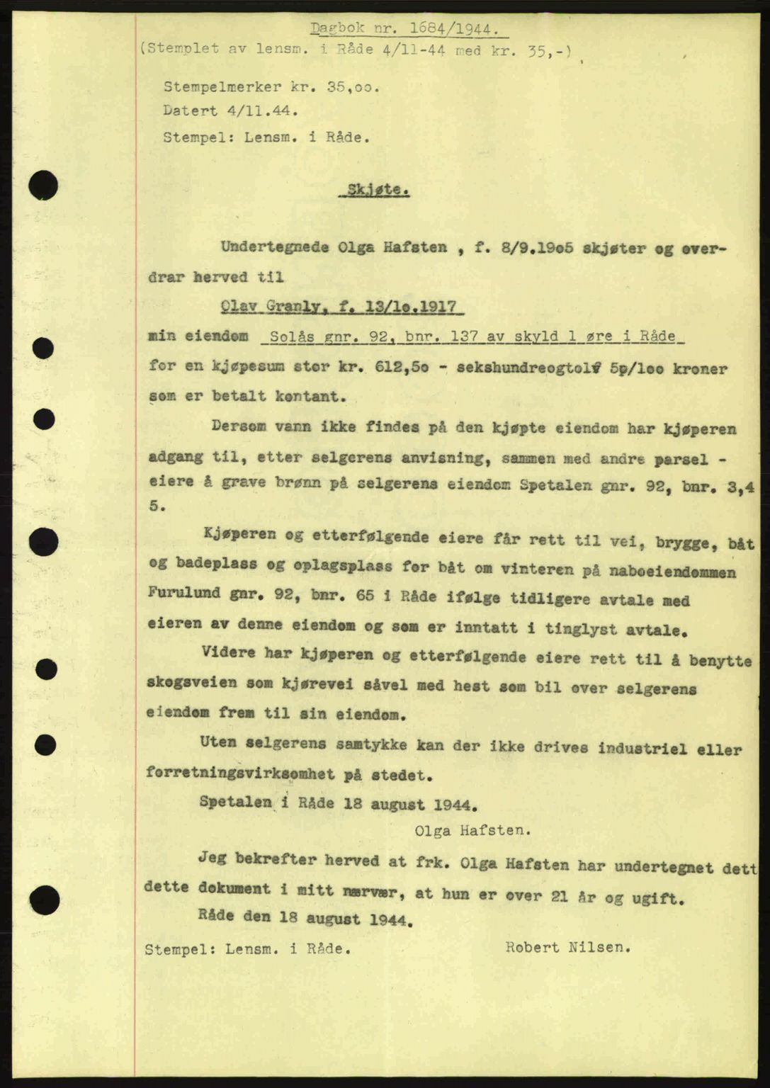 Moss sorenskriveri, SAO/A-10168: Pantebok nr. A13, 1944-1945, Dagboknr: 1684/1944