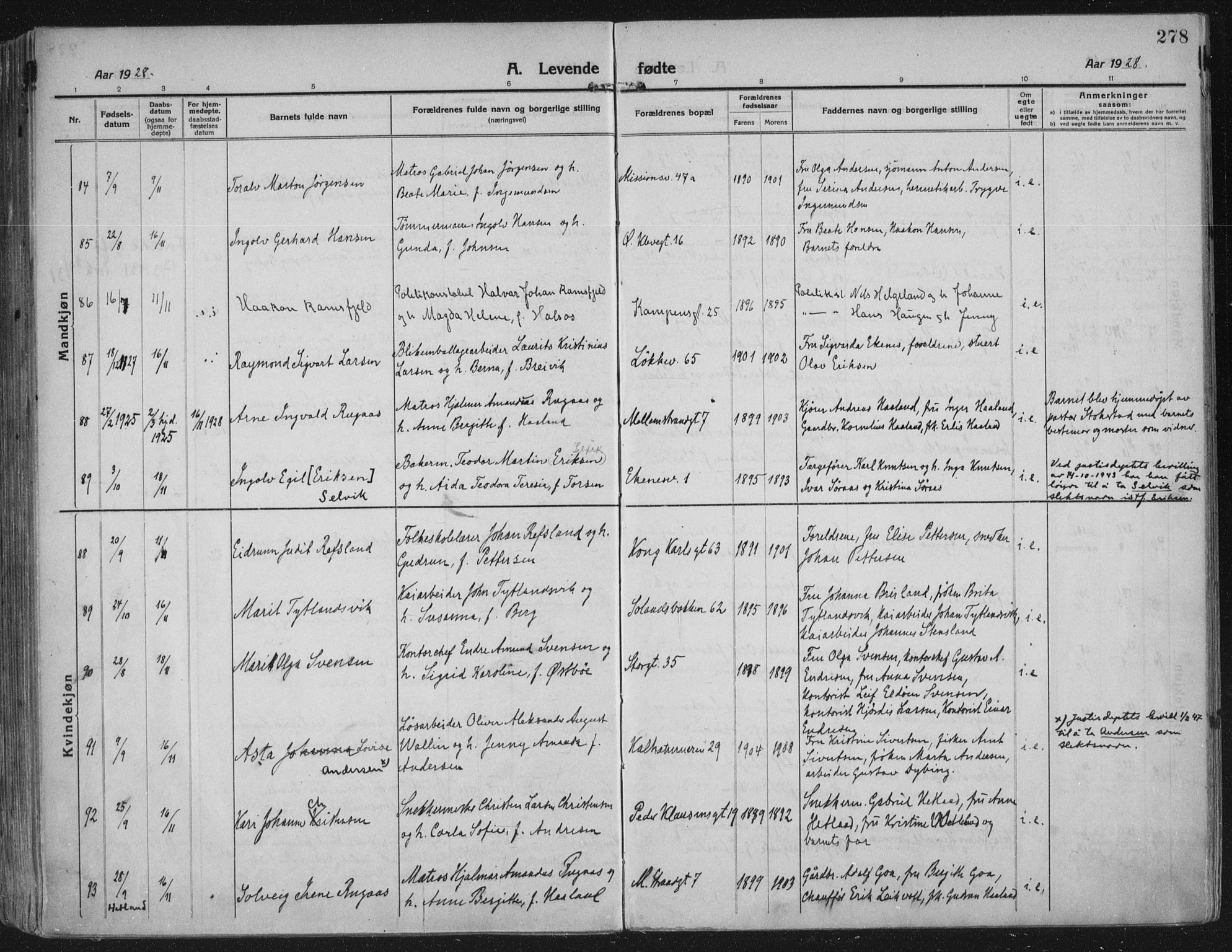 Domkirken sokneprestkontor, AV/SAST-A-101812/002/A/L0018: Ministerialbok nr. A 34, 1915-1929, s. 278