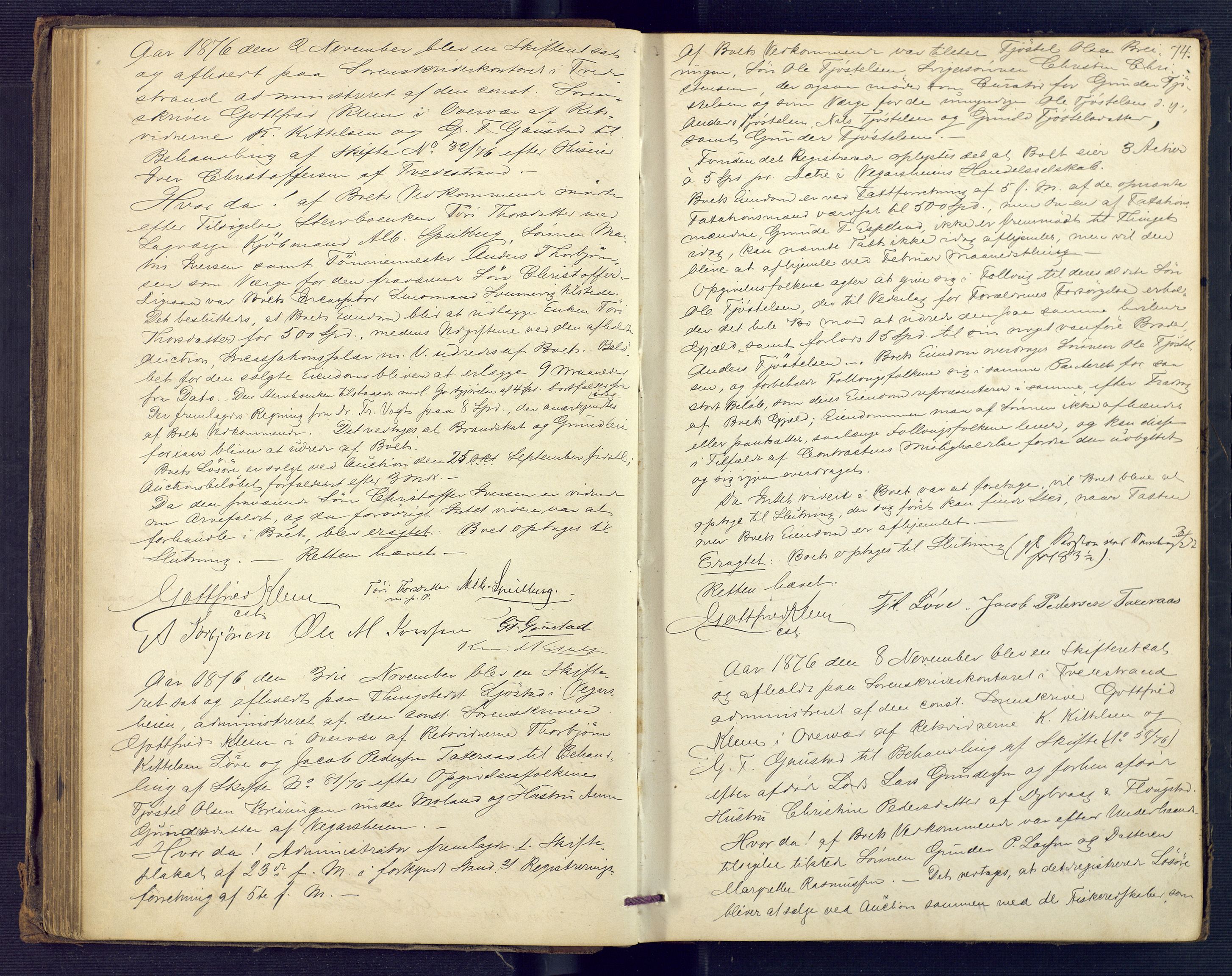 Holt sorenskriveri, AV/SAK-1221-0002/H/Hc/L0015: Skiftebehandlingsprotokoll nr. 6, 1875-1879, s. 73b-74a