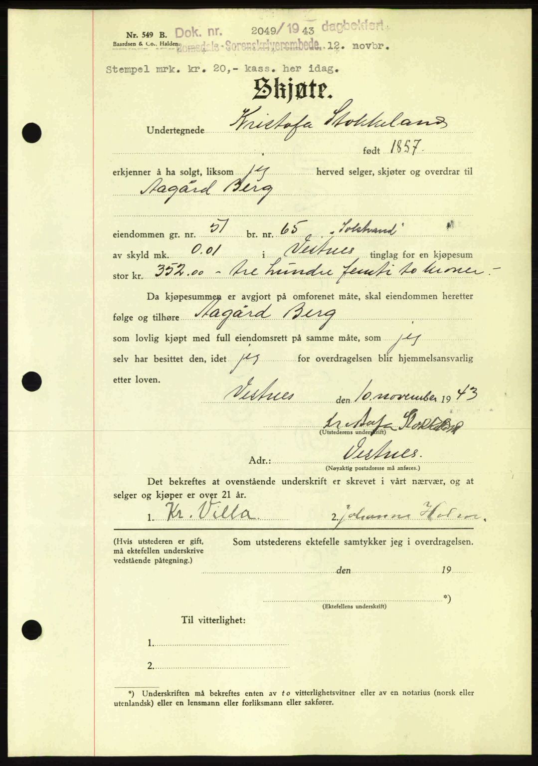 Romsdal sorenskriveri, AV/SAT-A-4149/1/2/2C: Pantebok nr. A15, 1943-1944, Dagboknr: 2049/1943